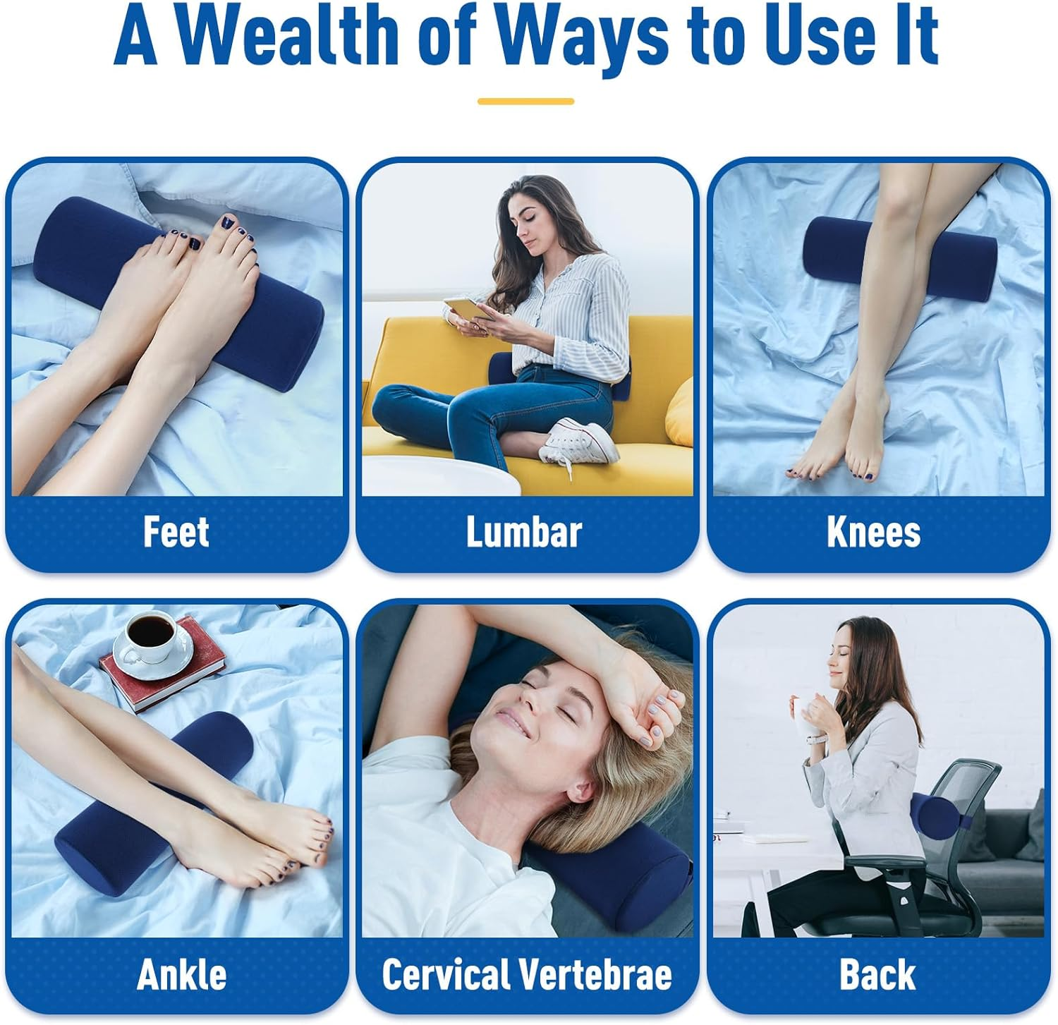 Lumbar Roll Support Pillow for Office Chair, Car, Gaming Chair, Memory Foam Back Cushion with Washable Cover for Relieving Back Pain & Improving Posture,Blue image number 3