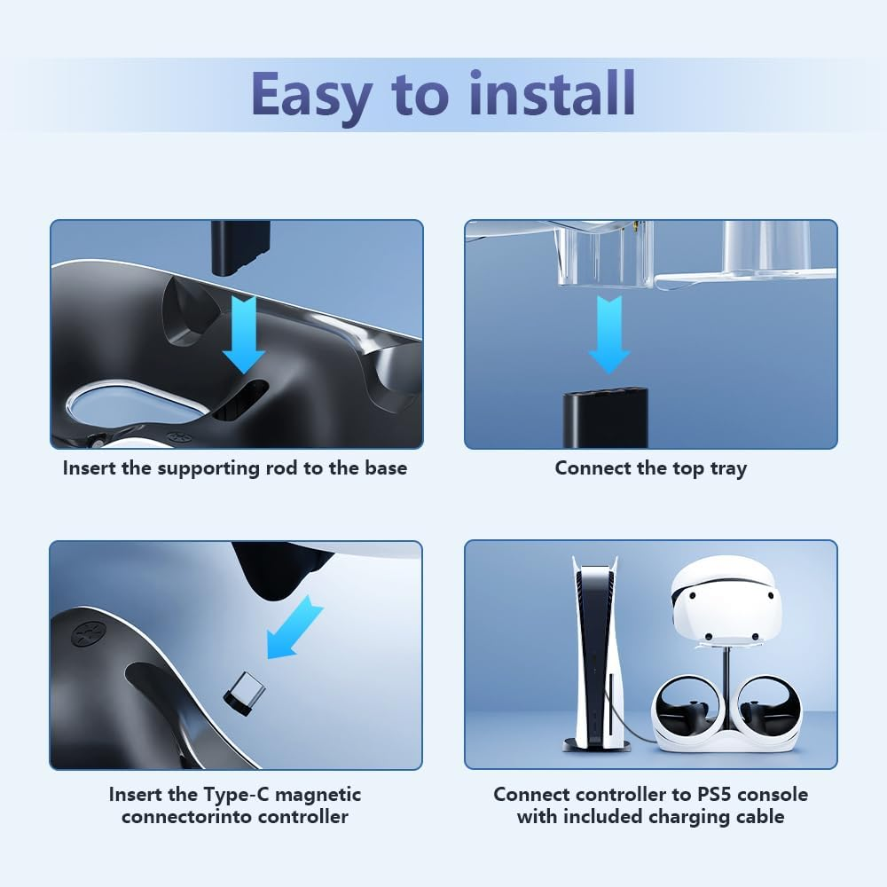 HONCAM Charging Station for PSVR 2, Multifunction PSVR2 Stand with 7 RGB Light, Headset Display Stand, Sense Controllers Charger Dock, Magnetic Connector, Type-C Cable, White image number 4