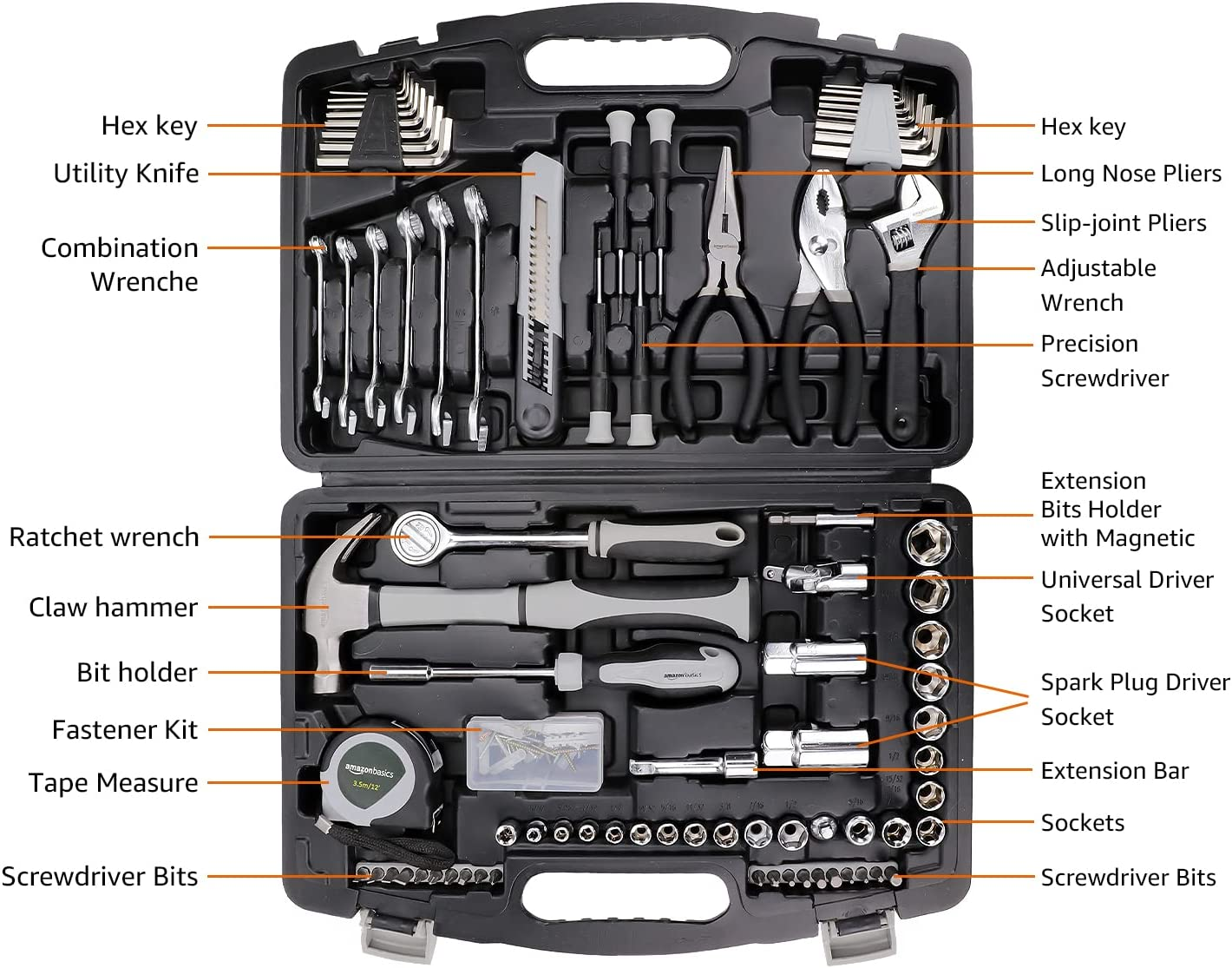 Amazon Basics 131-Piece General Household Home Repair and Mechanic'S Hand Tool Kit Set image number 2