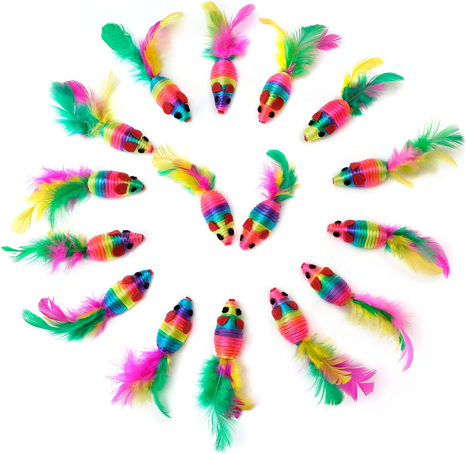 Chiwava 24PCS 5" Rattle Cat Toys Mice with Feather Rainbow Rope Mouse Kitten Interactive Toy Assorted Color image number 3
