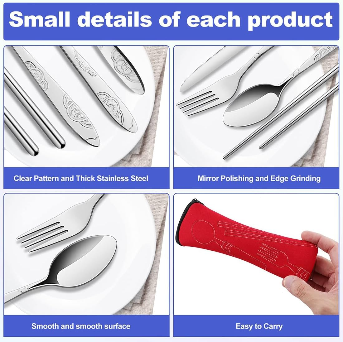 12 Pieces Portable Cutlery Set, 3 Pack Reusable Flatware Sets Knife, Fork, Spoon, Chopsticks, Stainless Steel Tableware Dinnerware with Carrying Case for Camping Picnic Working Hiking