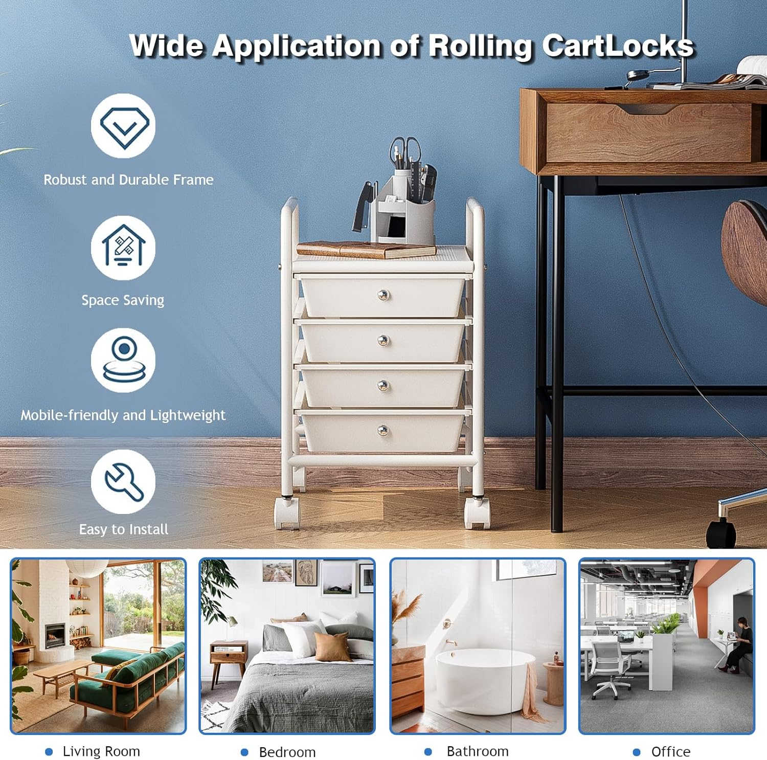 Shrivee 4-Tier Rolling Drawer Trolley with 2 Lockable Wheels, Sturdy Utility Storage Cart for Kitchen Bathroom Office, Ivory White image number 5