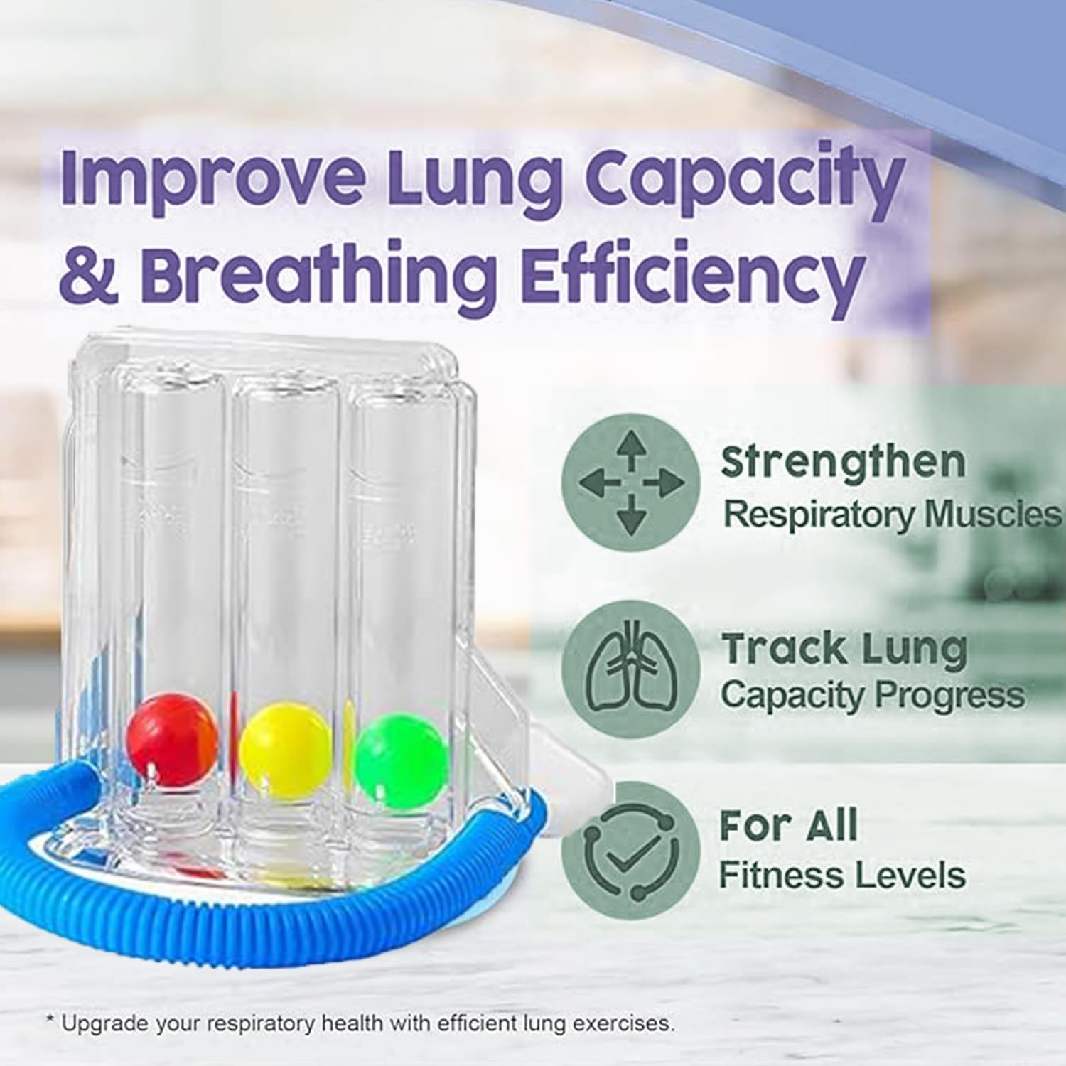 Roczential 1 Piece Lung Trainer, Natural Breathing Exerciser Trainer, Washable 3-Ball Incentive Spirometer for Inspiratory Breathing Function, Breathing Measurement Device with Handle