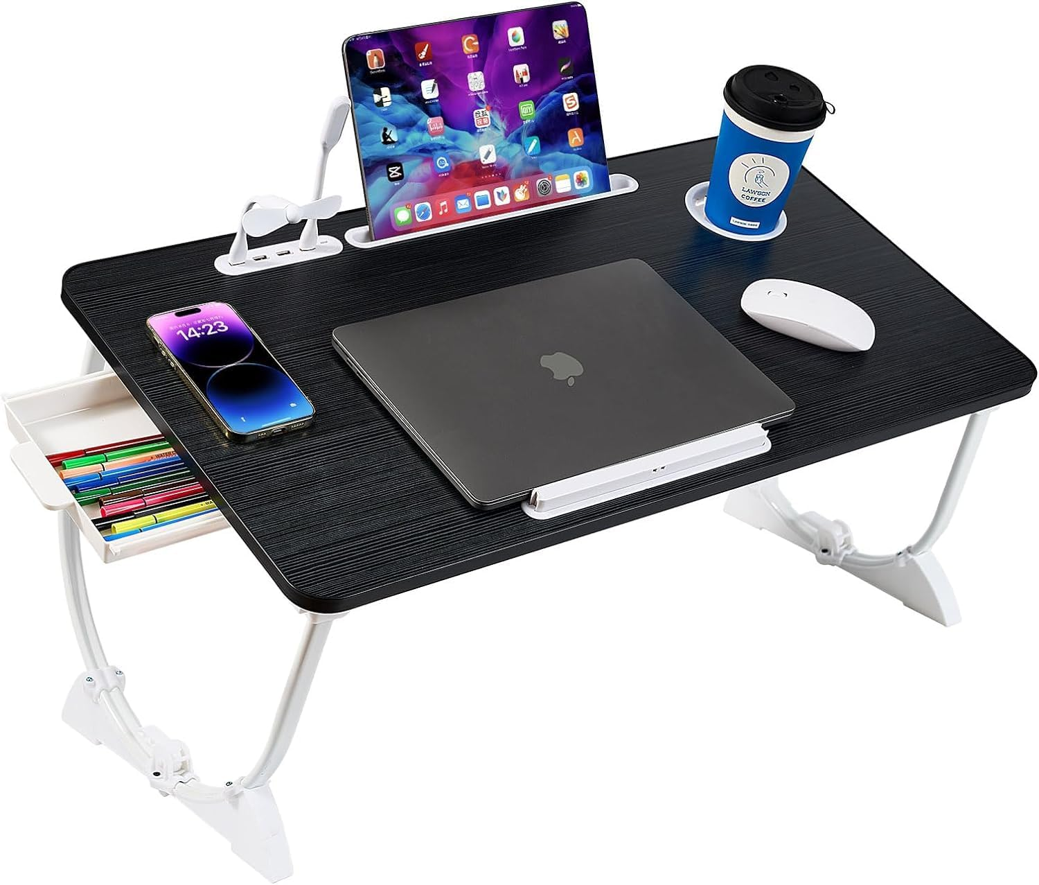 Adjustable Laptop Bed Desk with 4 USB Ports, Storage Drawer, Cup Holder, X-Large Foldable Bed Laptop Table Stand for Couch Sofa Floor, Portable Lap Desk Tray for Eating Reading Working Drawing Gaming image number 6