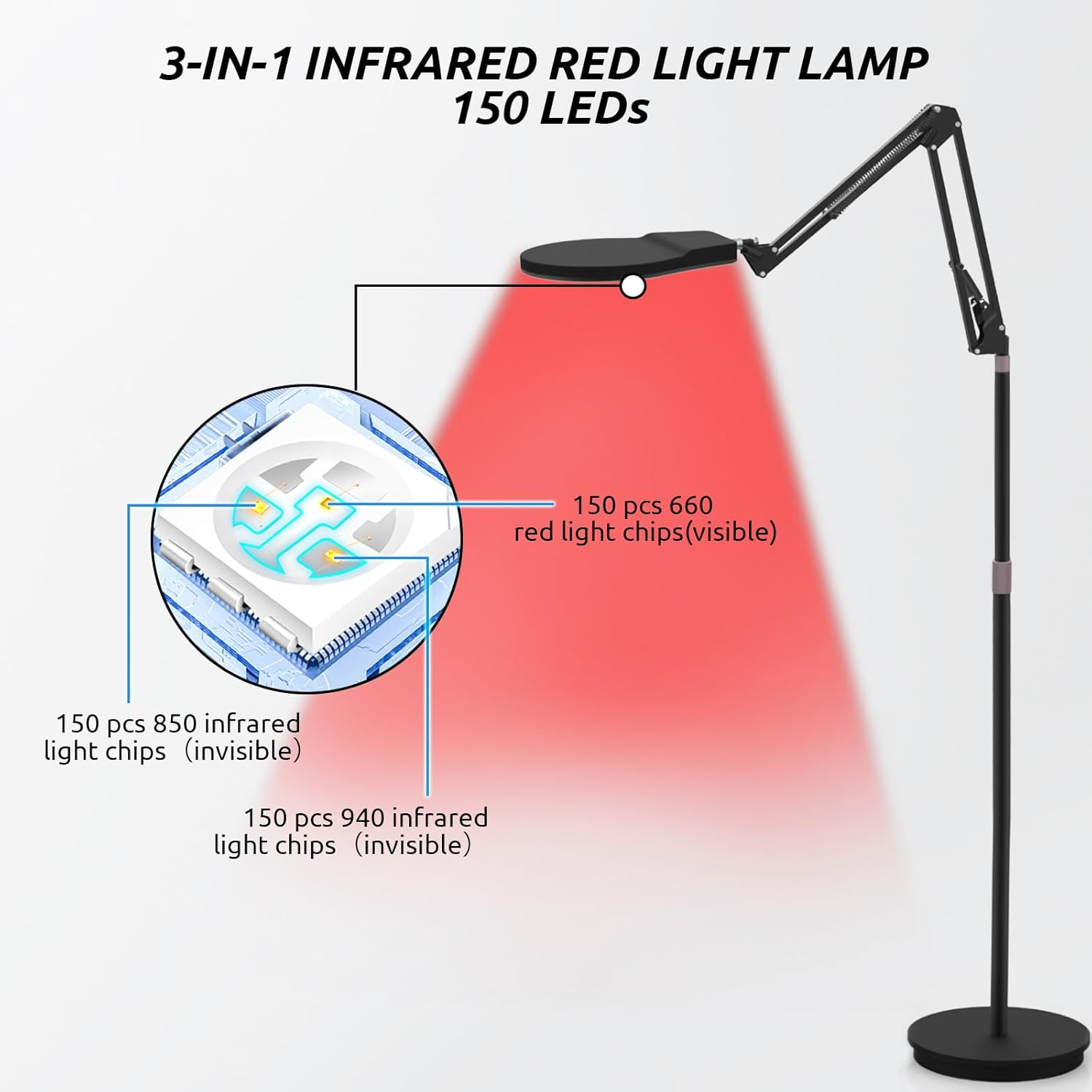Floor Infrared Lamp, 940&850&660 Red Light Lamp, 5 Brightness & 10/20/30Min Timer & Adjustable Height, 150Leds Infrared Light for Home/Office Use(Black) image number 3