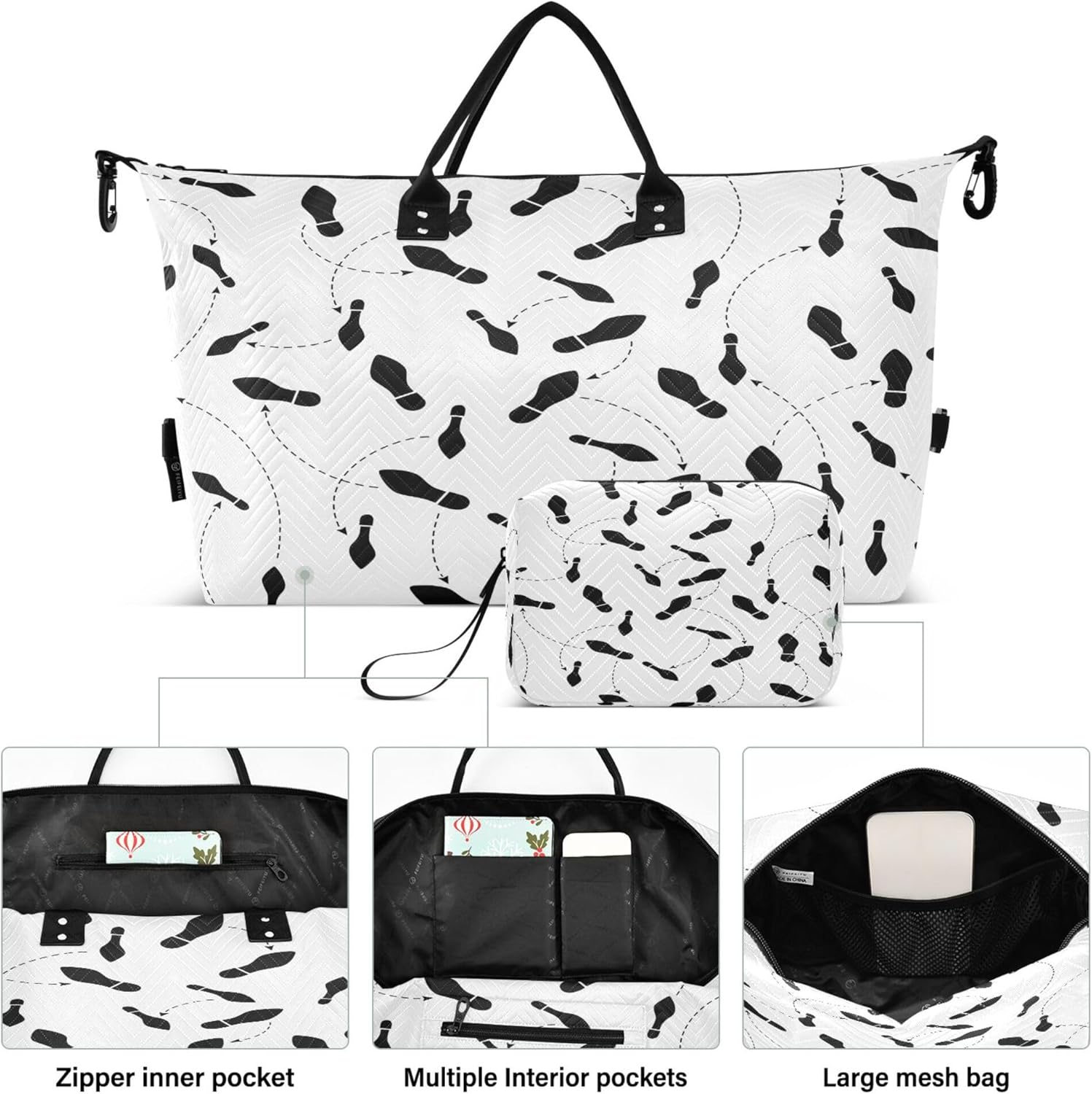 Luggage Travel Bag Sports Tote Gym Bag Carry on Bag with Toiletry Bag for Yoga 2 Pcs Set Dance Steps, Multi, One Size, Modern/Fitted, Multi, One Size, Modern/Fitted image number 5