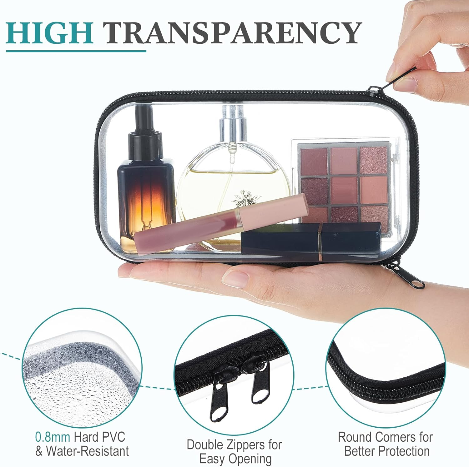 Hoolerry 4 Pcs Hard Clear Zipper Case Makeup Bags Plastic Pencil Pouch Transparent Storage Box Containers for Cosmetics, Snacks, Building Blocks, Puzzles(Black and White,7.5 X 3.9 X 2 In) image number 6