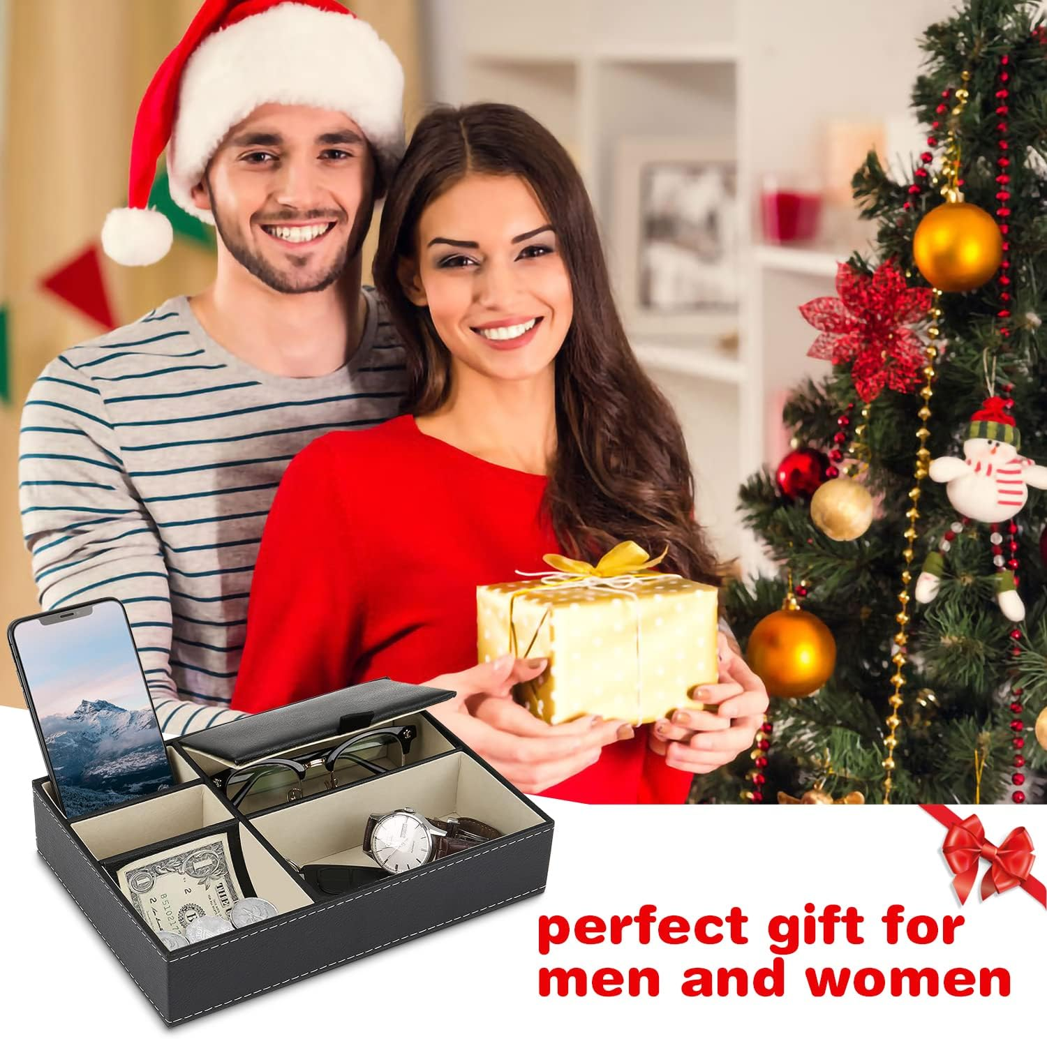 BAOYUN Valet Tray - Leather Mens Night Stand Organizer with 5 Compartment for Wallet, Phone, Sunglasses, Coins, Keys, Jewelry image number 3