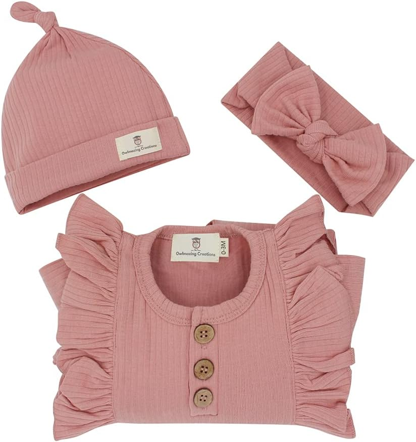 Newborn Baby Clothes - Baby Organic Cotton Long Sleeve Growsuit with Frill Gift Set with Matching Style Handband and Beanie for Baby Girls image number 6