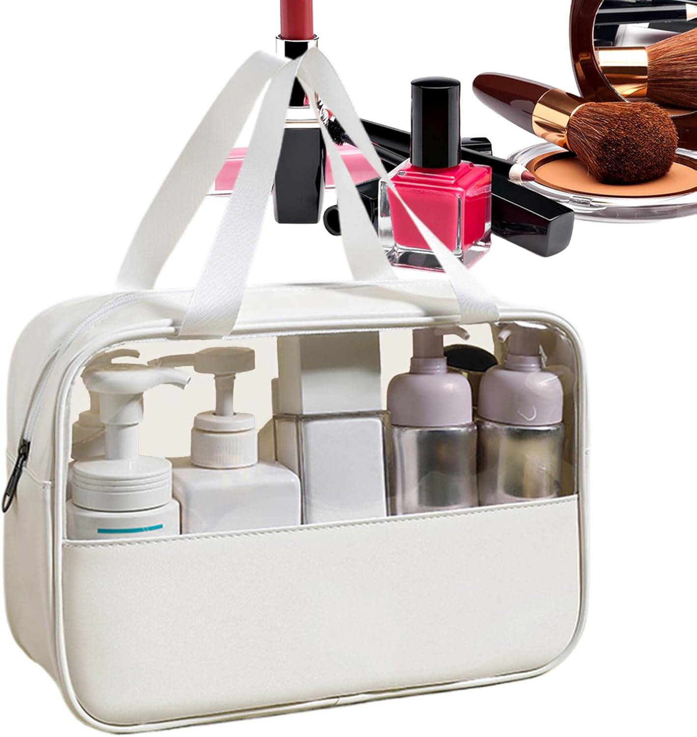 Cosmetic Bags | Traveling Makeup Bag - Portable Waterproof Zipper Organizer Pouches Tote with Clear Window for Toiletry Shower Jewelry Bathroom Packing Train Vanity Girls Beach, White, Refer To - Pink image number 7