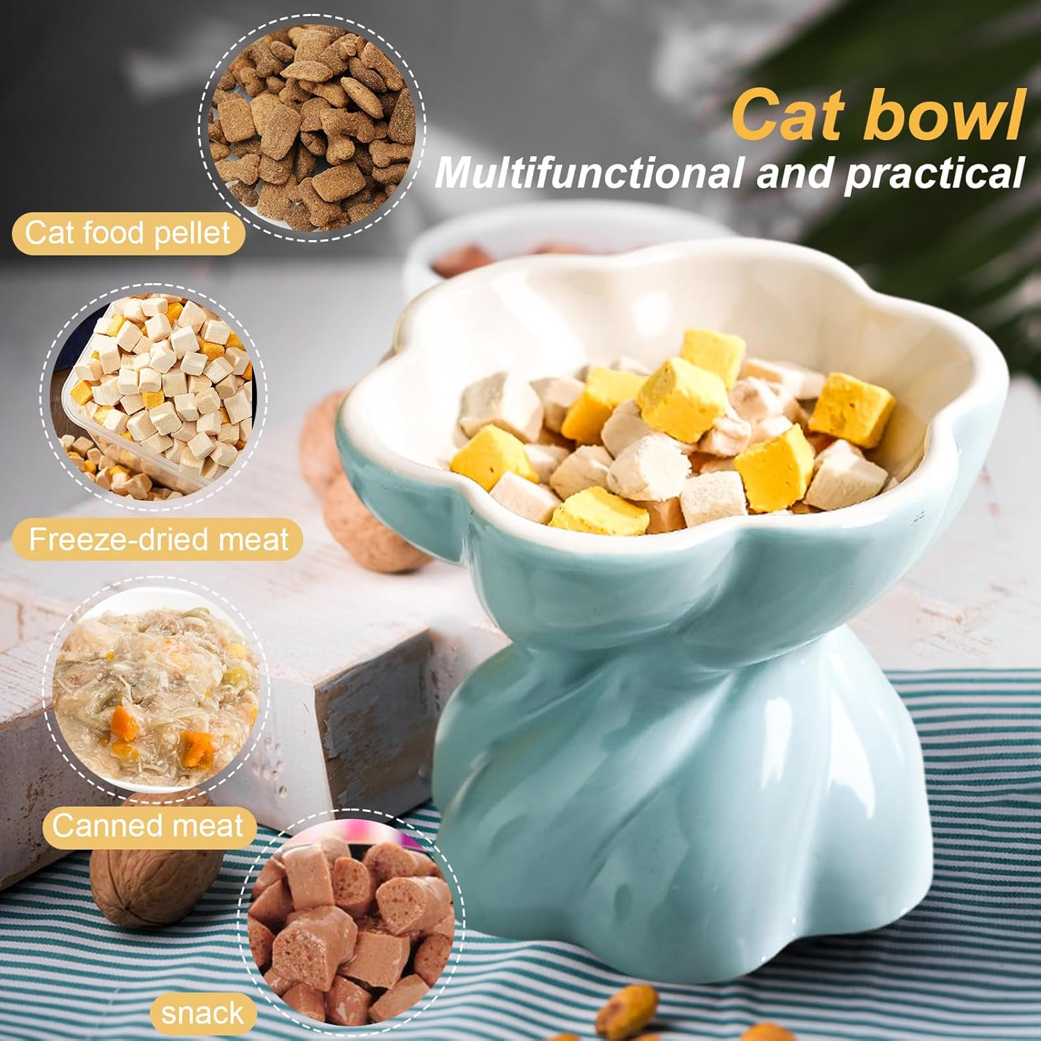 Ceramic Flower Cat Bowl Elevated Cat Bowl 5.3In Indoor anti Vomit Blue Cute Cat Bowls for Cats and Small Pets image number 4