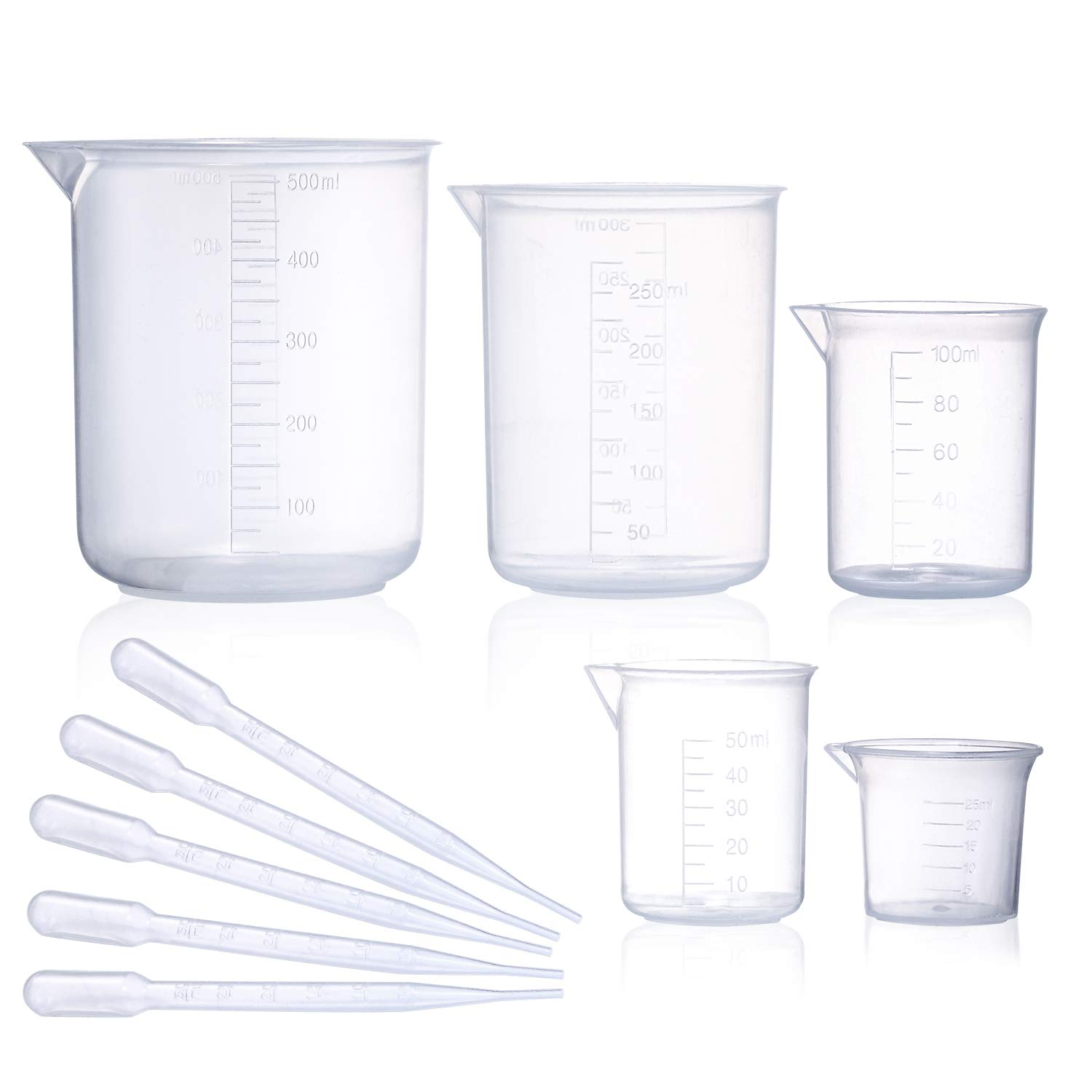Plastic Beaker Set, 5 Sizes Low Form Measuring Graduated Griffin Polypropylene Beakers in 500 Ml, 250 Ml, 100 Ml, 50 Ml, 25 Ml for Laboratory, & Science Experiments with 5 Plastic Droppers in 3 Ml image number 1