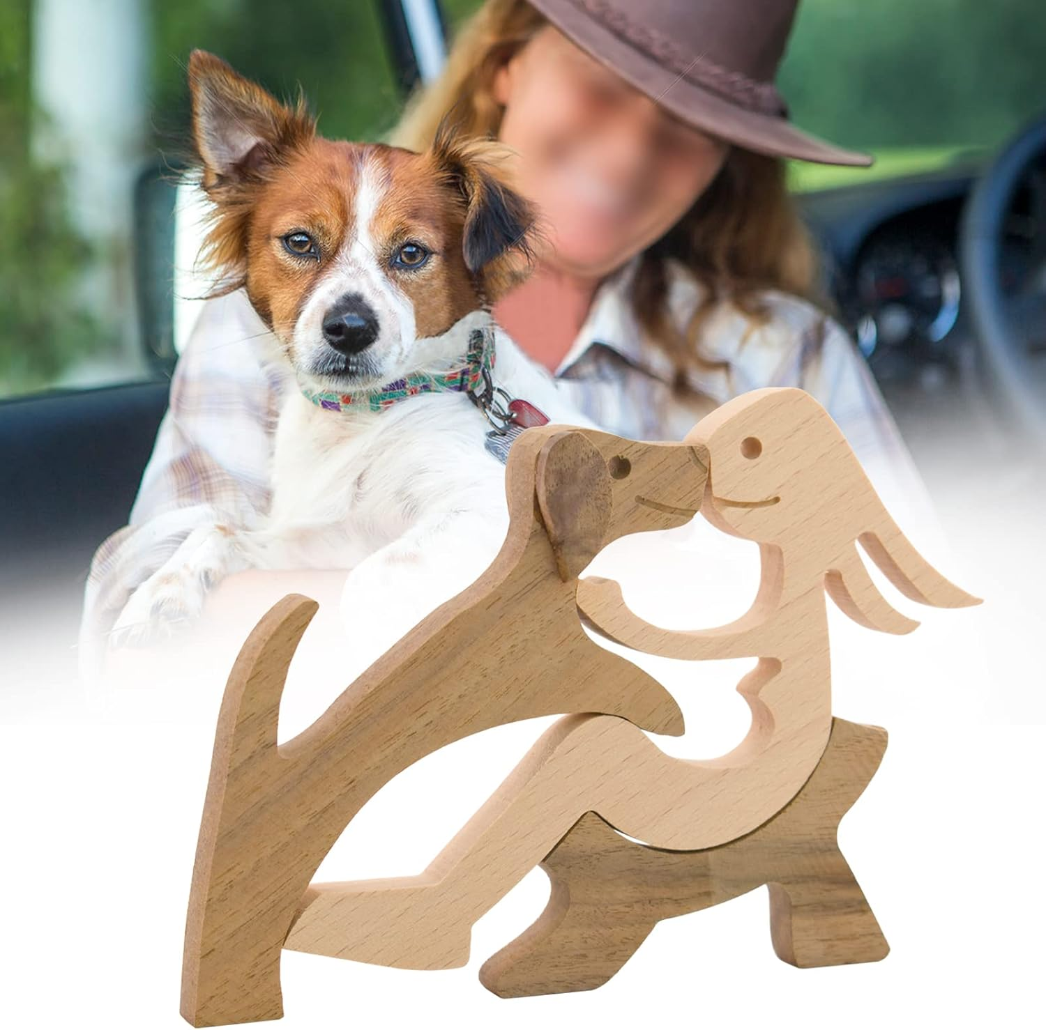Enkrio Wooden Dog Figurines Hand Carved Wood Dog Human Sculpture Statue Handmade Accents Crafts Wooden Adorn Standing Tabletop Decoration Ornament for Home Decor image number 1
