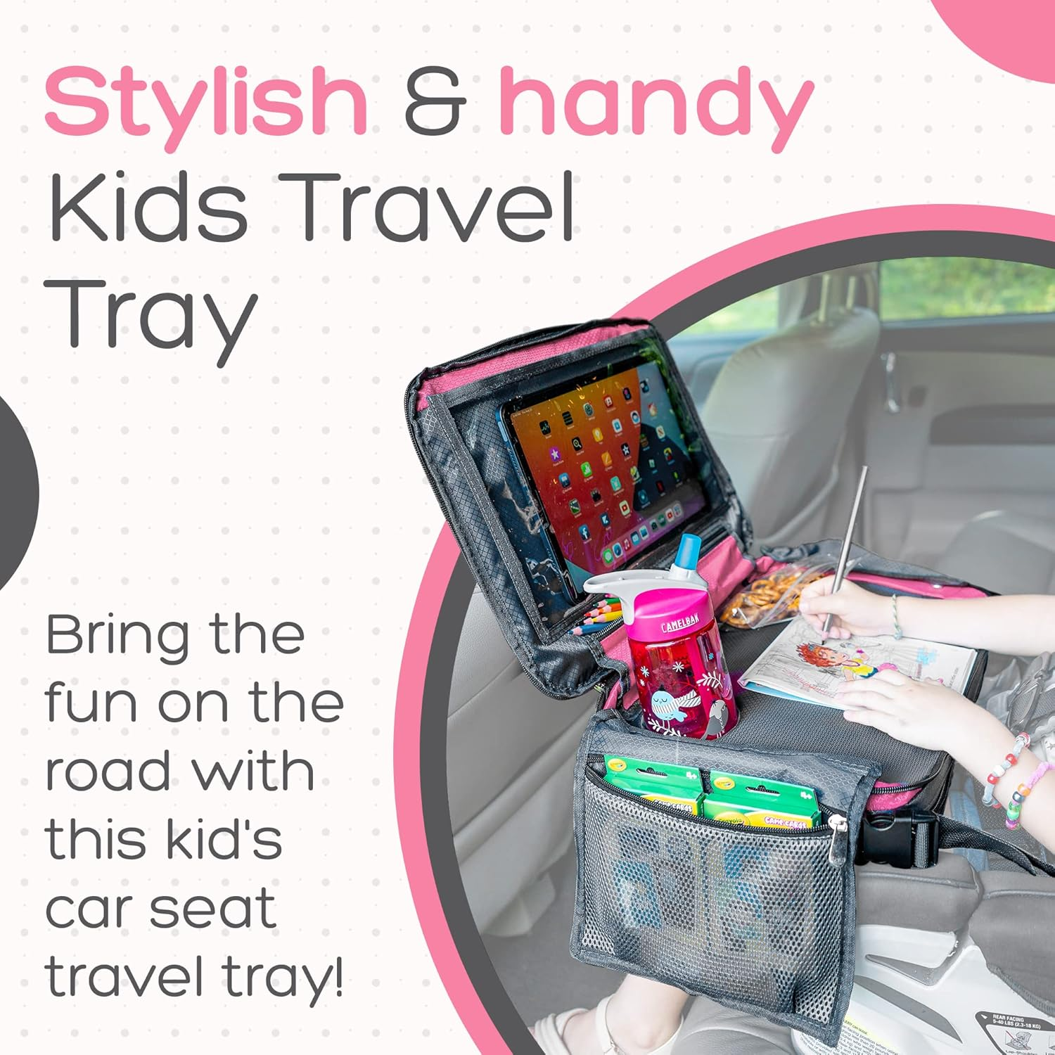 BE Family Travel Kids Car Seat Travel Tray, Car Accessories for Children, Car Seat Snack Tray, Traveling Essentials for Kids, Toddler Lap Tray for Engaging Activities, Multipurpose Design, Pink image number 6