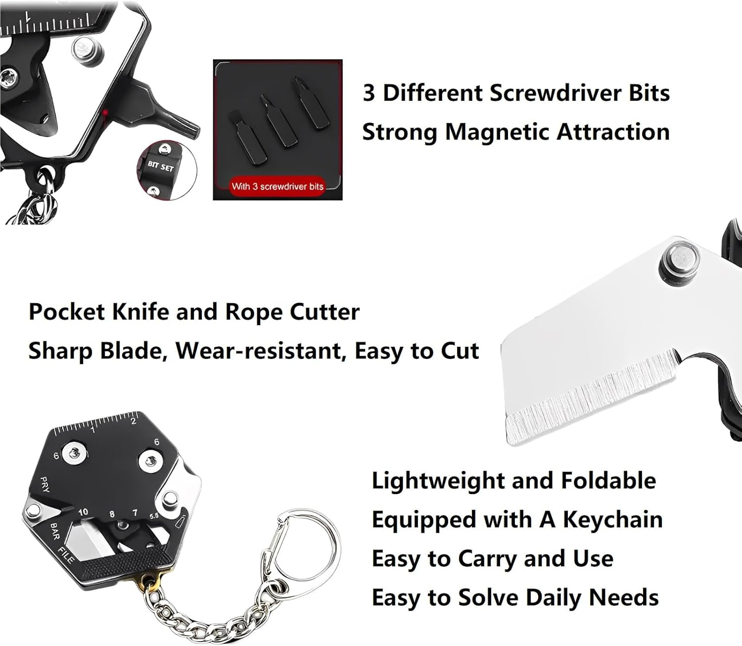 Knifemaster Stainless Steel Multi-Function Keychain Hand Tool - Rope Cutter, Ruler, Hex Wrench, Mini Knife, Screwdriver Head, Bottle Opener, Nail File Multi Purpose Tool (Black) image number 5