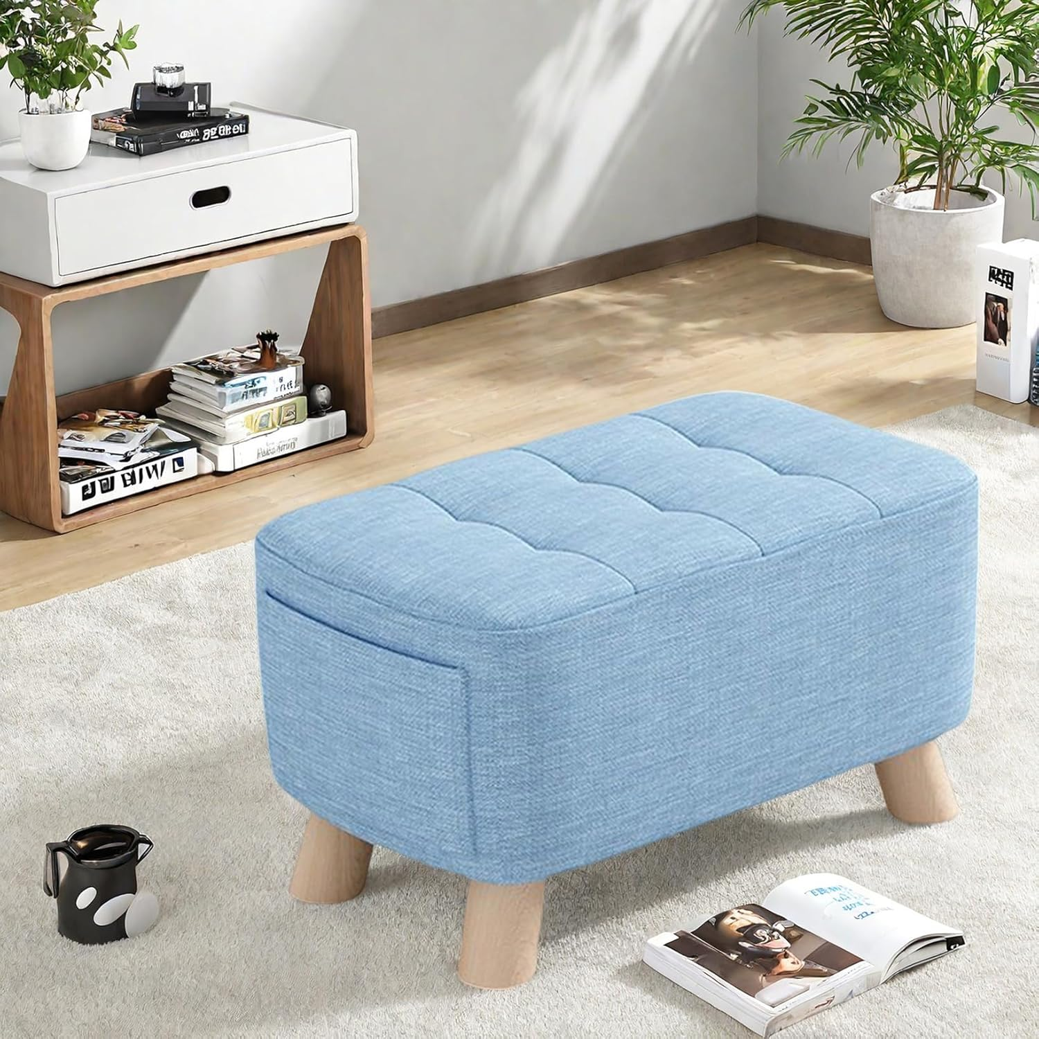 Modern Ottoman Footstool with Wooden Legs, 40 X 28 X 28 Cm, Fabric, Wooden Frame, 150 Kg Capacity A265 (A Blue)