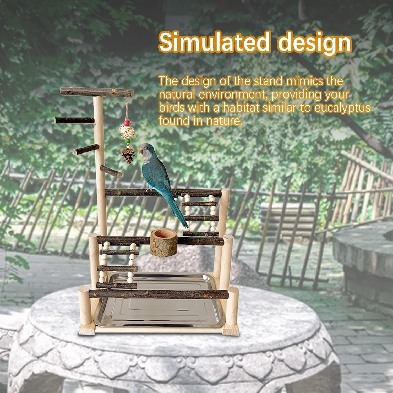 Generic Parrot Playstand - Interactive Large Bird Stand Playground, Parrot Playground Stand, Natural Bird Cage Exercise Toy, Parakeet Cage Accessories with Feeding Cups for Parakeet image number 2