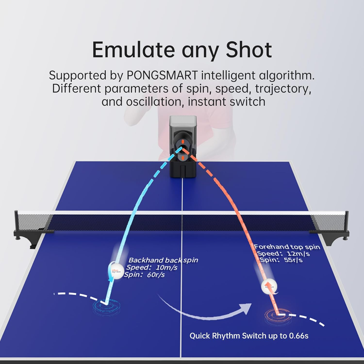 PONGBOT Table Tennis Robot, Portable Ping Pong Machine, APP Control, 264 Built-In Routines, 150-Ball Capacity, Customize Spin/Speed for Solo Training & Coaching, One-Year Warranty image number 3