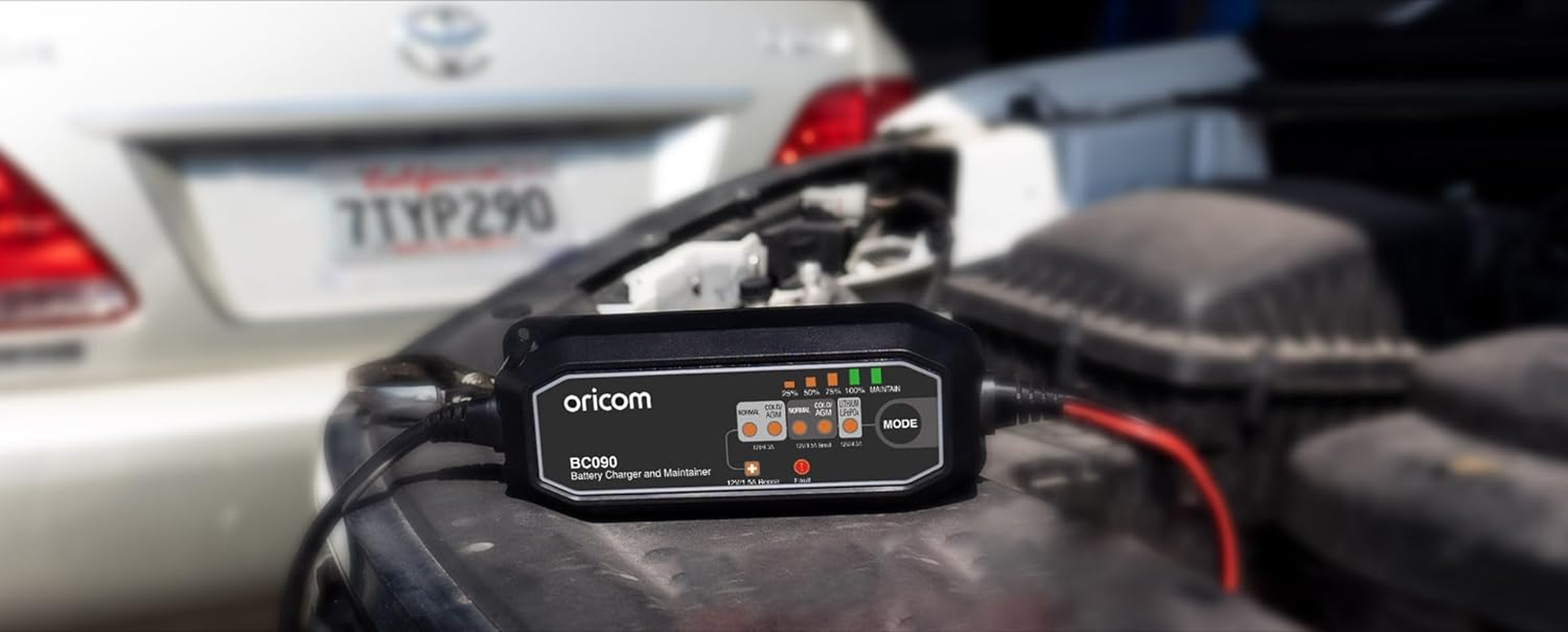 Oricom BC090 Battery Charger and Maintainer - Charging Batteries 2-110AH, Low-Temperature Charging, Battery Repair Feature, Compliant Cables, Splash Dust Proof Rated IP65, Car, Motorcycle image number 3