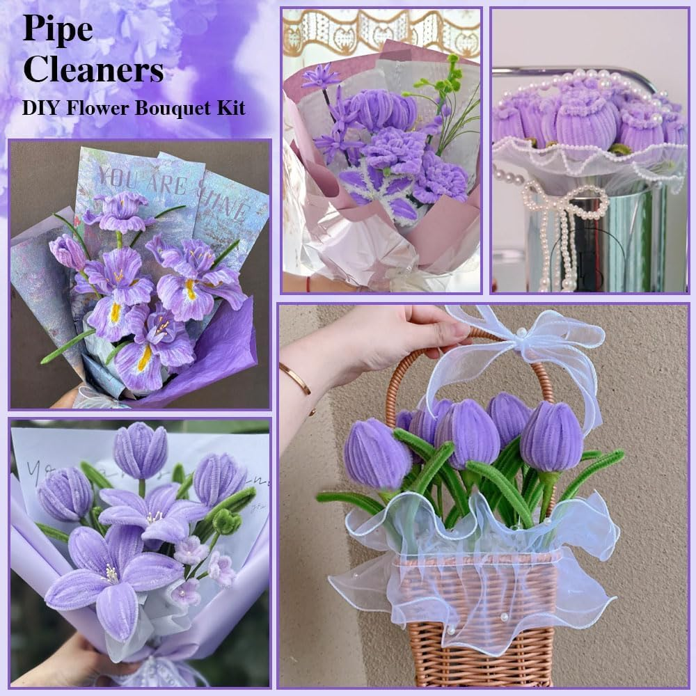 400 Pcs Pipe Cleaners Craft,4 Assorted Colors Pipe Cleaners Bulk, Chenille Stems for DIY Flower Making Kit with Floral Wires, Gardening Tape,Stamen& Ribbon(Purple) image number 1