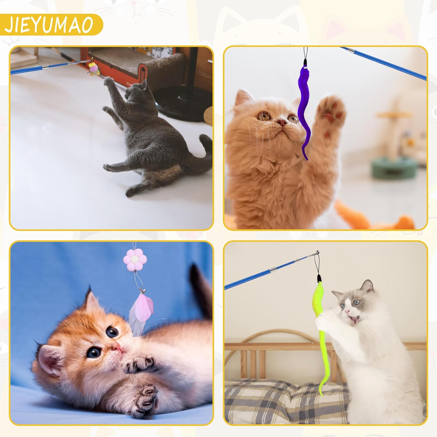 12Pcs Cat Wand Attachments, Various Styles Cat Worm Toy Refills with Bell, Multicolor Cat Feather Toys Refills Interactive Teaser Toy Refill Cat Feather Toys Replacement for Indoor image number 5