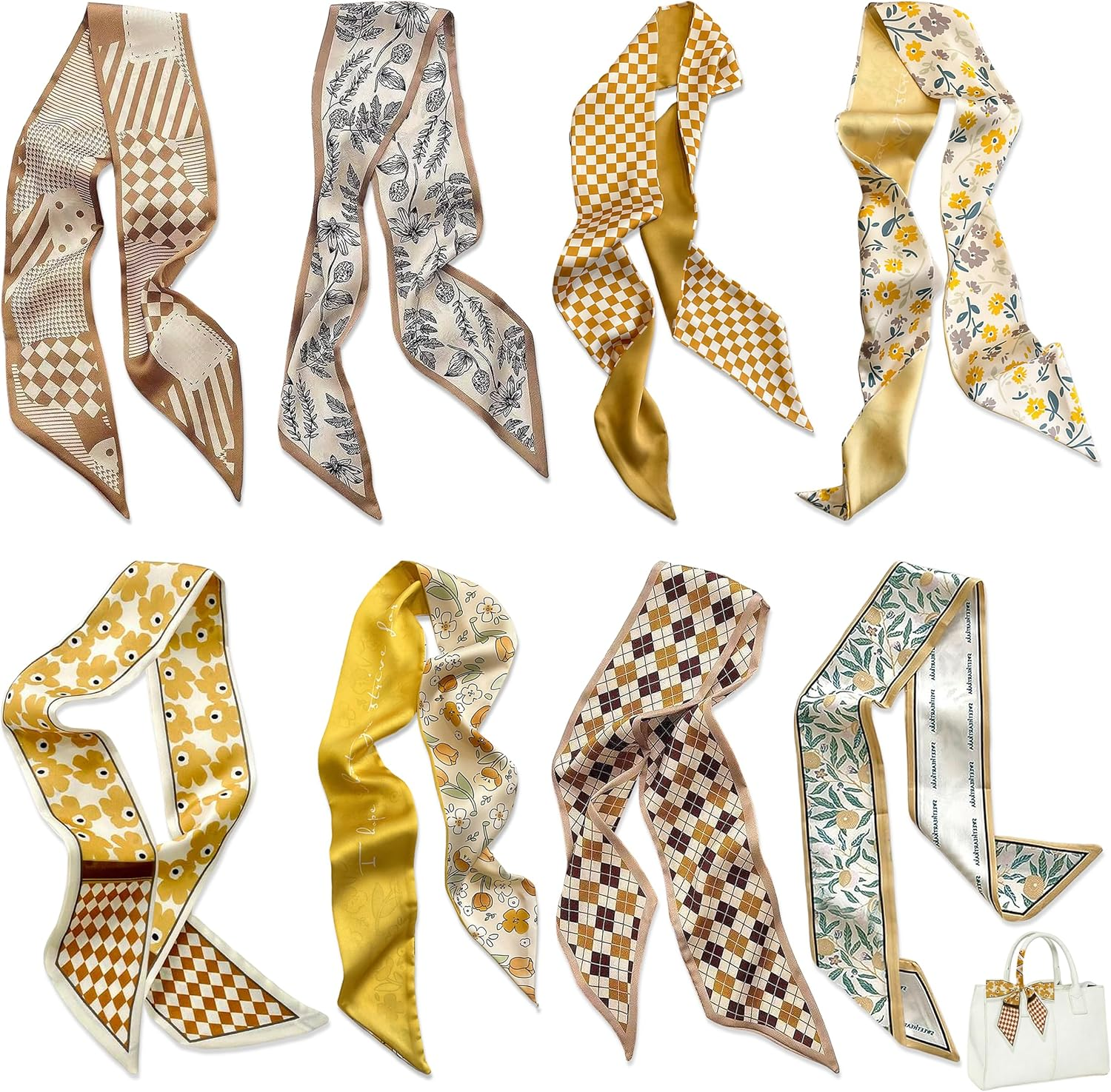 Piinroon Purse Scarf for Handbags, 8 Pcs Satin Bag Scarf for Women, Fashion Handbag Handle Ribbon Head Scarves Neck Scarf Women Neckerchief for Neck Hair Handbags Purse Accessories
