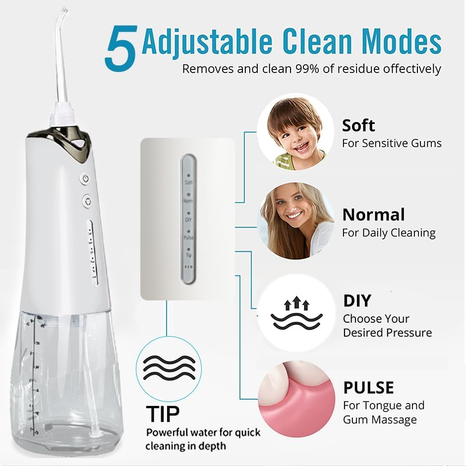 Cordless Rechargeable Water Dental Flosser, 5 Jet Tips, 5 Modes, 300Ml Detachable Tank, IPX7 Waterproof, Portable Oral Irrigator (White) - White image number 5