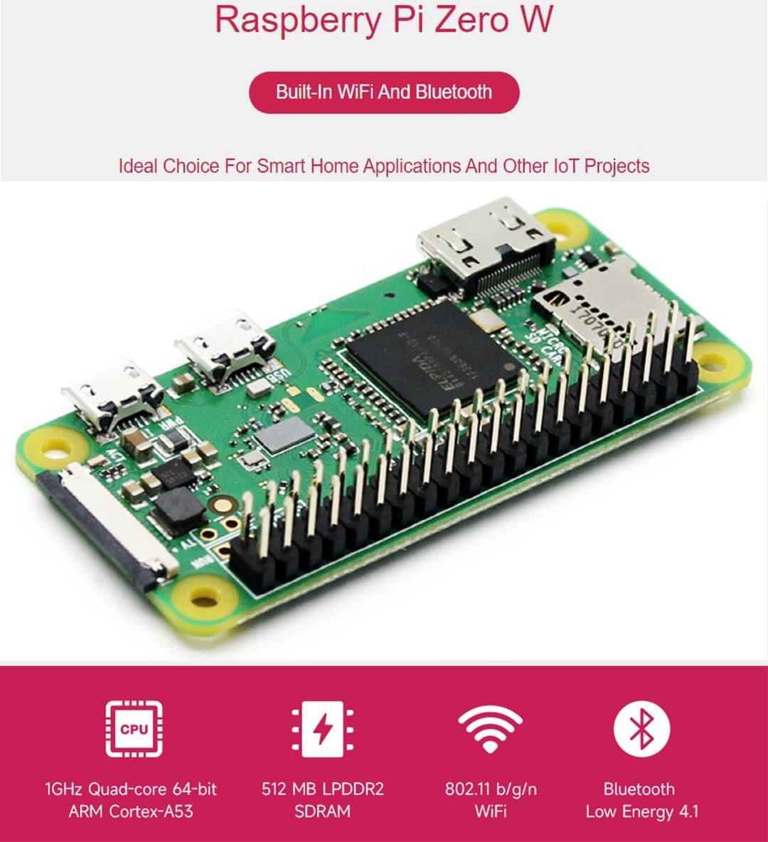 Built-In Wifi and Bluetooth Pi Zero WH, Zero WH Package Comes with Raspberry Pi Zero W with 40PIN Pre-Soldered GPIO Headers +Mini HDMI to HDMI Adapter +Micro USB OTG Cable image number 6