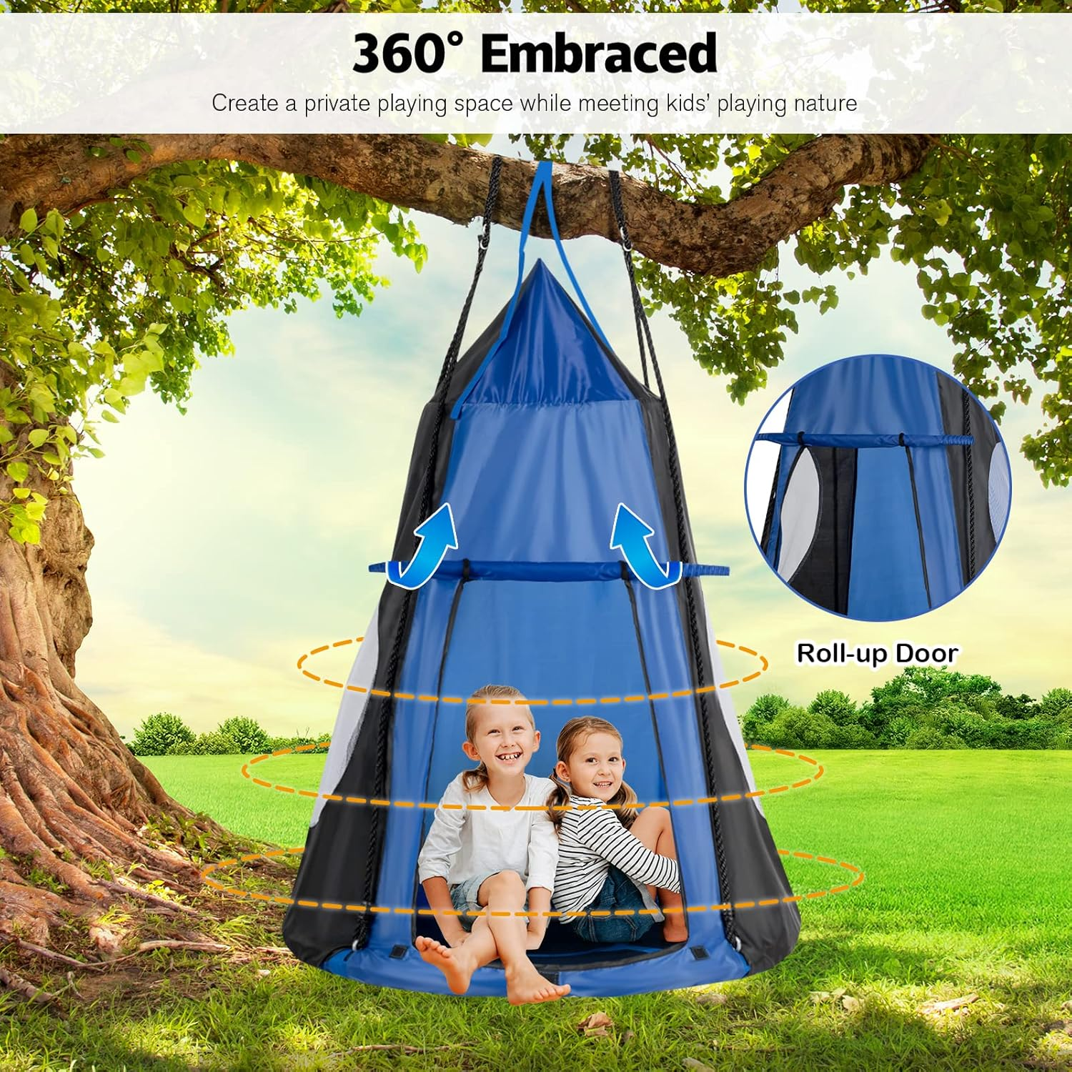 HONEY JOY 100CM Kids Detachable Hanging Chair Swing Tent, 2 in 1 Hammock Nest Pod Hanging Swing Seat, Children Outdoor Indoor Swing Play Tent for Backyard Tree, Max Capacity 150KG (Blue)
