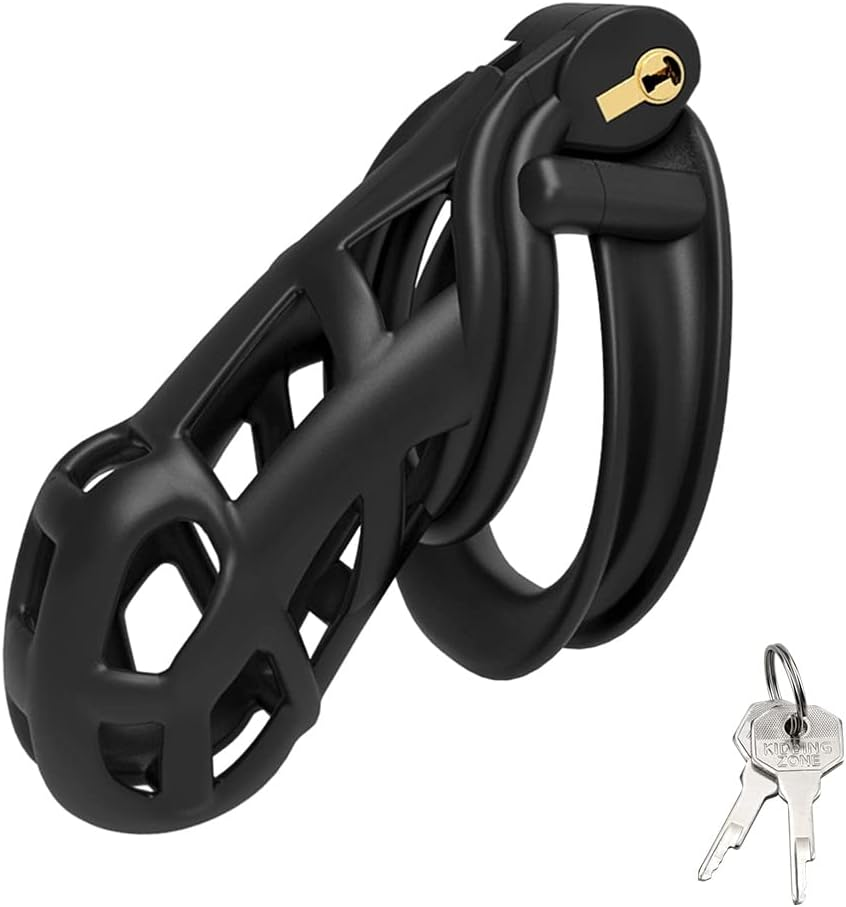 Sex Factory Male Cock Cage Chastity Device Tease Resin Chastity Locked Cage with 4 Different Size Rings for Male Exercise (Black)