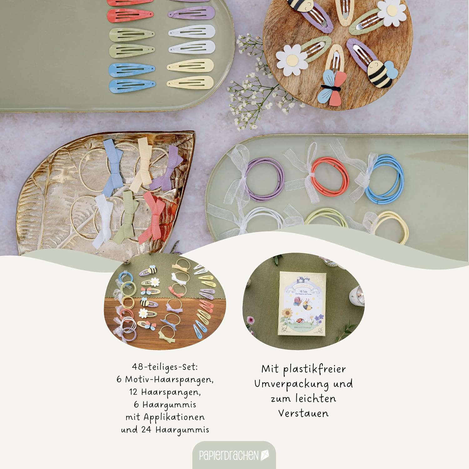 Papierdrachen Spring Hair Accessories Set - 48 Pieces - Durable and Robust - Hair Clips - Hair Bobbles - Accessories - with Appliques - for Long and Fine Hair image number 3