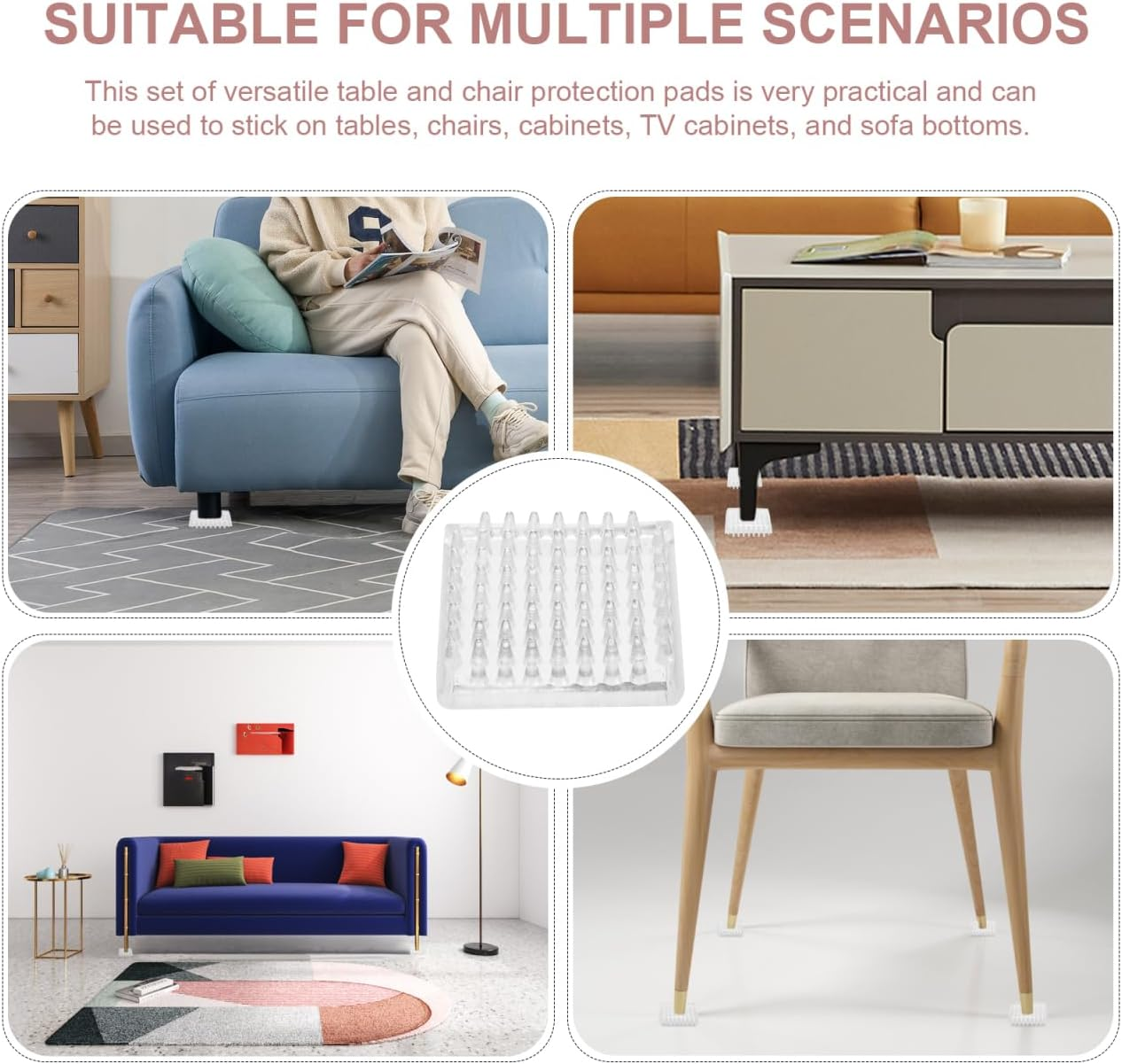 Angoily 4Pcs Transparent Furniture Grippers with Teeth, Anti-Slip Chair Leg Pads, Carpet and Wooden Floor Protector, 48Mm Square Design for Table and Sofa image number 5