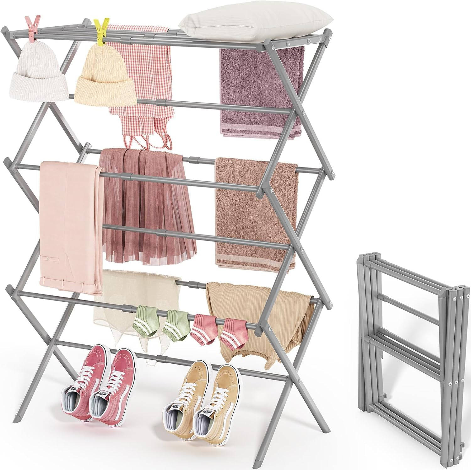 Misenfar 3-Tier Laundry Drying Rack, Expandable Metal Clothes Dryer, Collapsible Towel Rack, Air Drying Rack, Indoor/Outdoor Use (White)
