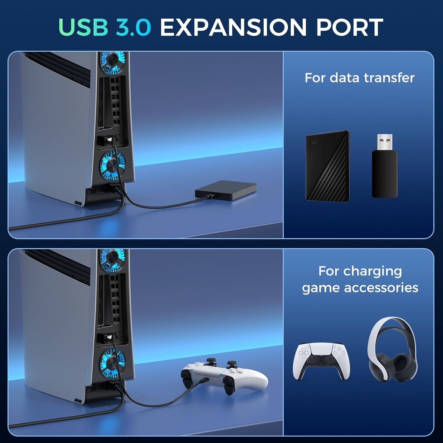 Cooling Fan for PS5 Pro, Efficient Cooler Fan with Adjustable Speed/Led Light, Temperature-Controlled PS5 PRO Cooling Accessories with USB 3.0 Port image number 3