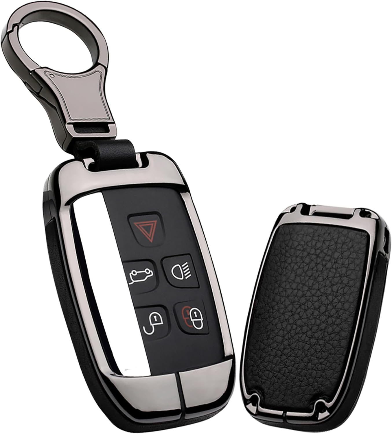 Ontto Key Fob Cover Keyless Prevent Scratches Metal Leather Key Protector Skin Shell Keychain Fit for Range Rover Sport Dsicovery LR4 Silver Metal Shell Black