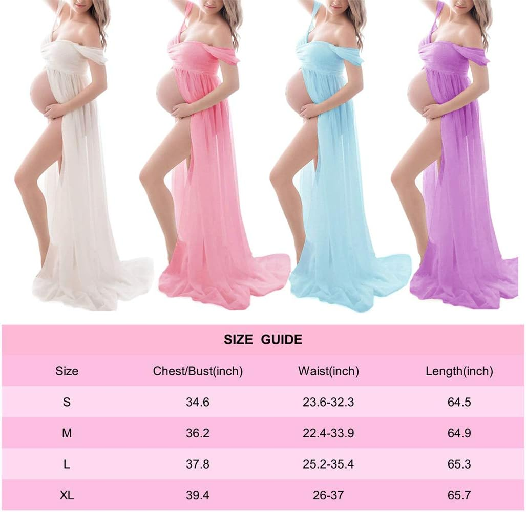 ZIUMUDY Maternity off Shoulder Chiffon Gown for Photoshoot Split Front Lace Maxi Dress for Photography image number 1