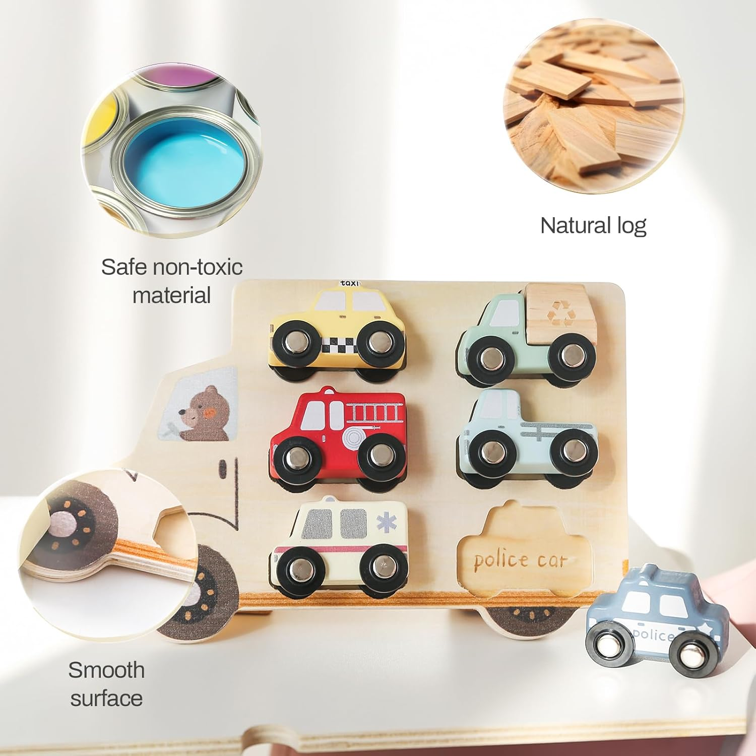 Wooden Cars Vehicle Set for Toddlers 1-3 Wooden City Cars and Trucks Toys for Boys Girls&rsquo; Educational Play image number 6