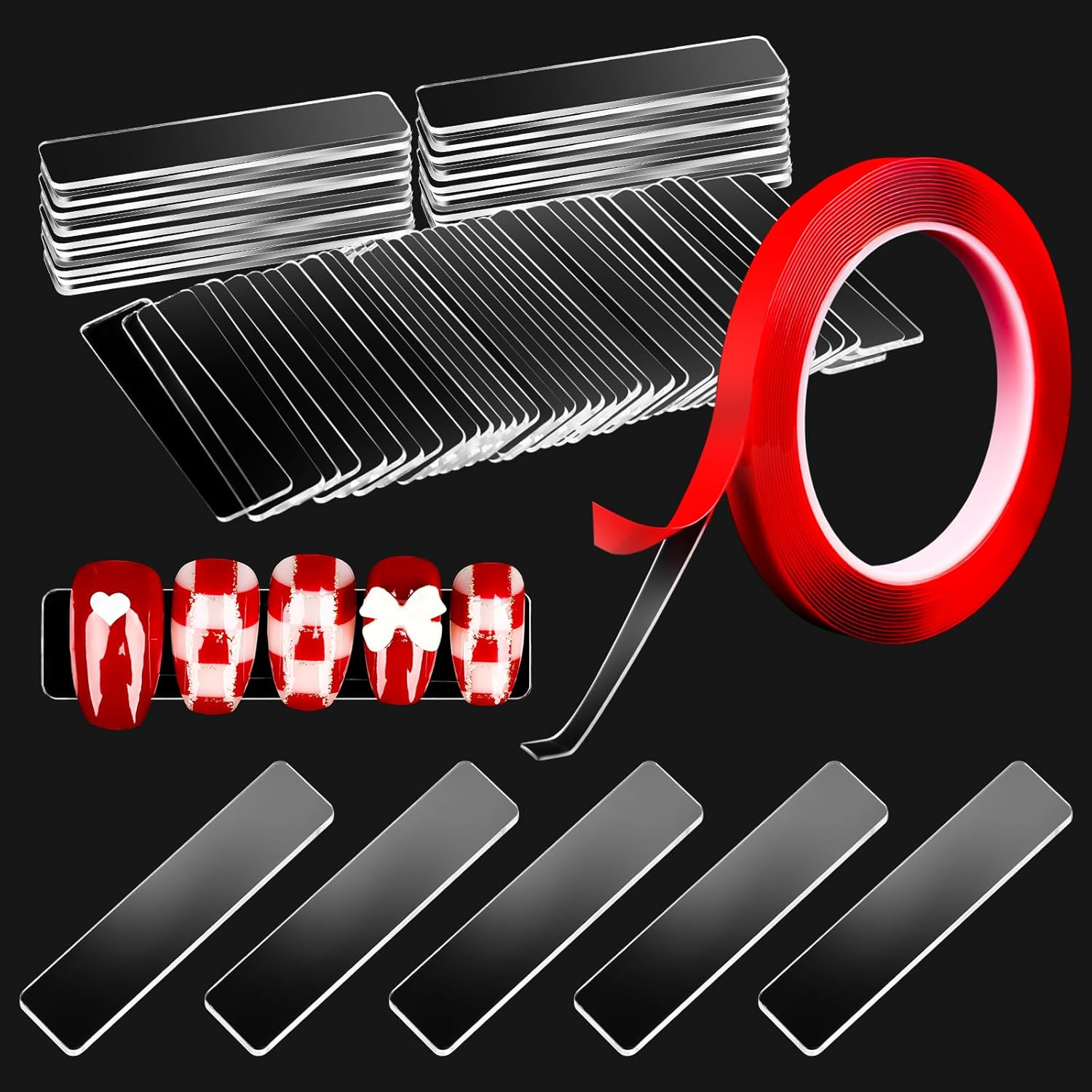 100Pieces Transparent Nail Display Stand Holder with 9.8Ft Double Sided Tape Nail Boxes Packaging for Press on Nail Art Acrylic Fake Nail Tips Display Stand with Removable Mounting Tape for Nail Salon image number 5