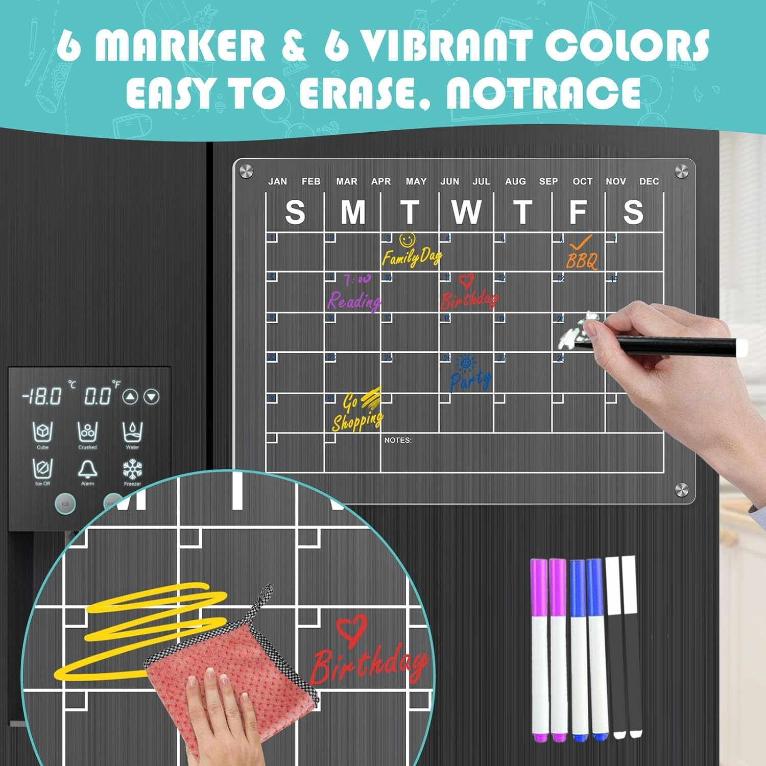 Acrylic Magnetic Dry Erase Board and Calendar for Fridge,43 * 30Cm Clear Acrylic Magnetic Dry Erase Planning Board of Monthly Calendar for Refrigerator with 6 Colored Markers and a Towel image number 6