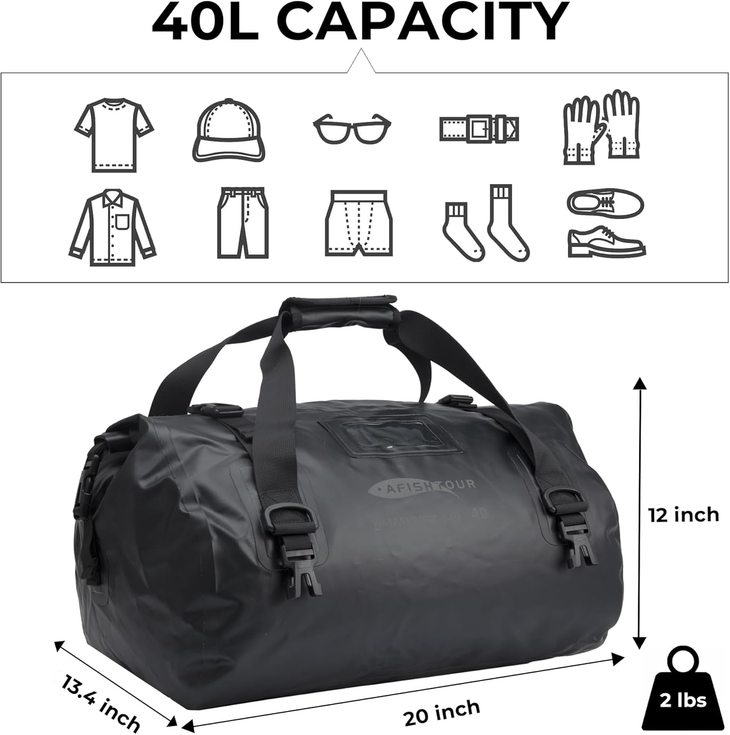 AFISHTOUR 40L Waterproof Motorcycle Duffel Bag - Motorcycle Luggage Tail Bag with Straps for Back Seat - Roll Top Dry Bag for Kayaking, Rafting, Boating, Camping, Travel, Beach (Black) image number 1