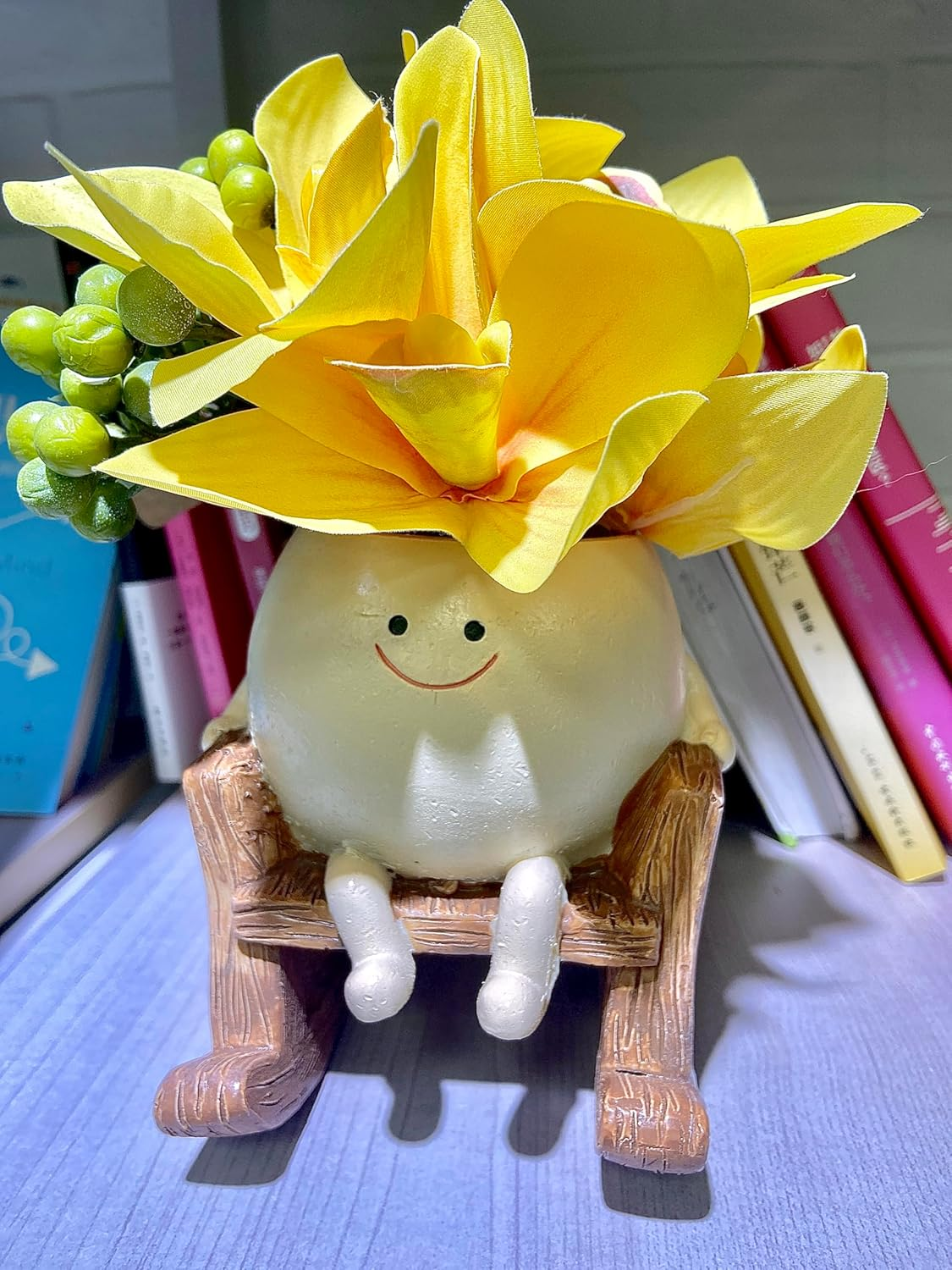 Smily Face Planter Pot Cute Resin Flower Head Planters for Indoor Outdoor Plants Unique Sit Rocking Chair Succulent Pots Gift Ideai for Mother and Appreciation Christmas with Drainage Hole image number 3