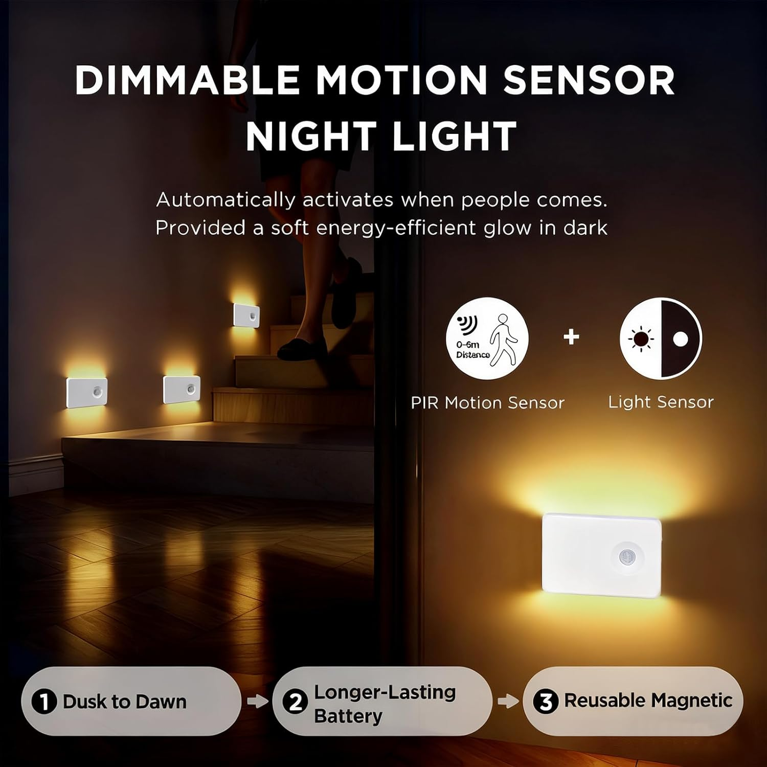 Motion Sensor Night Light, 600Mah Rechargeable Night Lights with Magnetic Base & Dusk to Dawn Sensor, Wireless Stair Lights Indoor Stick on Wall Night Lamp for Stairway Hallway Bedroom (4 Packs) image number 2