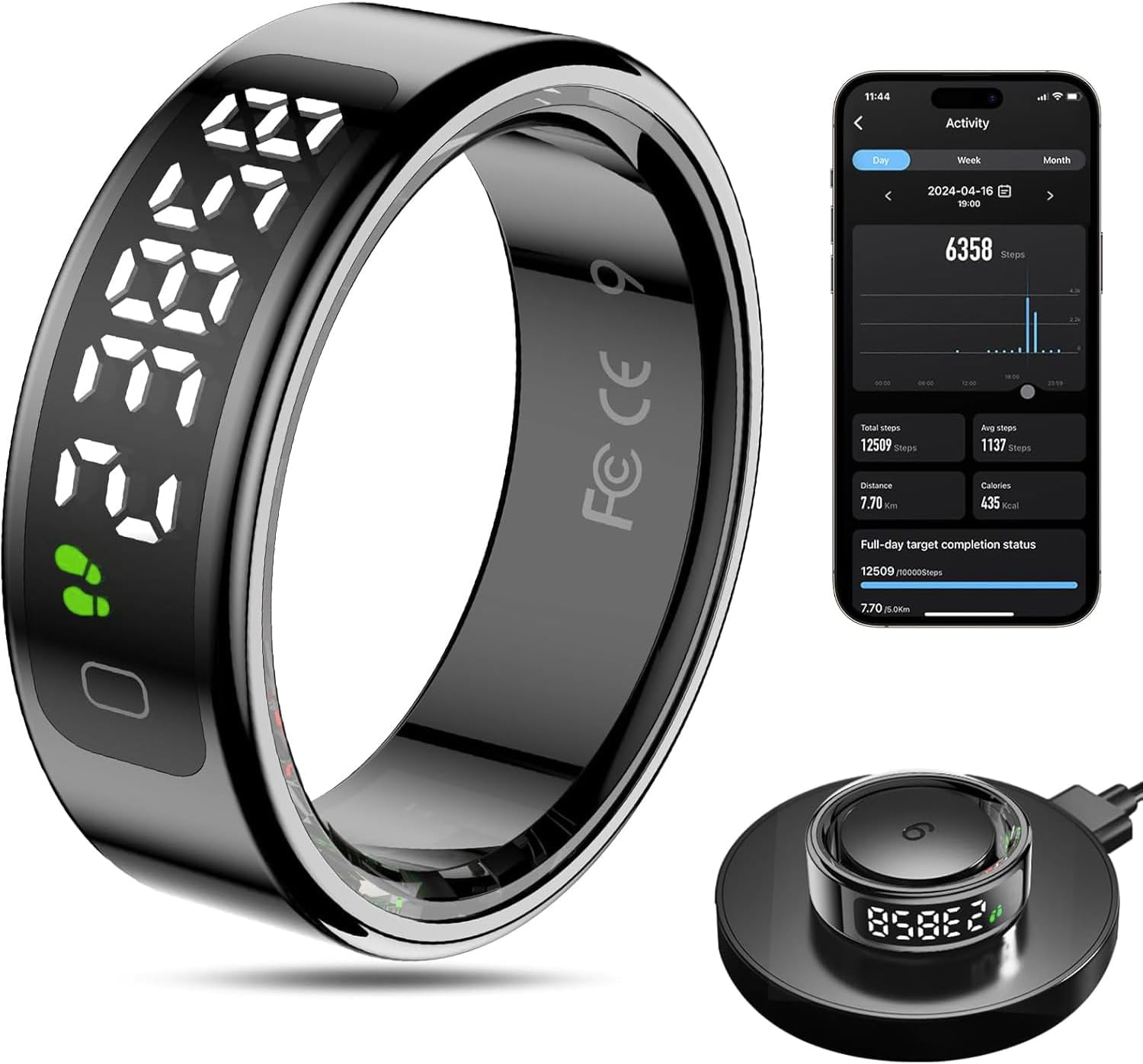 Smart Ring for Women with Display Screen, Smart Ring for Men, Fitness Sport Step Activity Time Calories, Wireless Charging, for Ios Android (Black, 11)