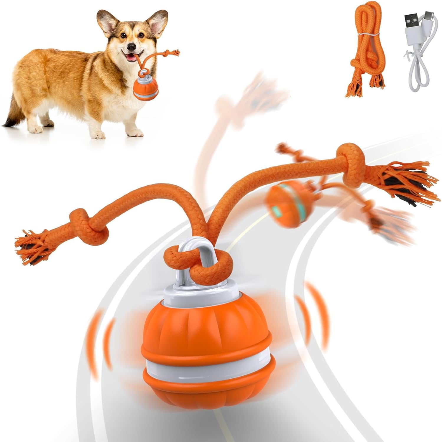 Touch Activated Dog Ball Toys, USB Rechargeable Squeaky Interactive Rolling Dog Toy Balls, Automatic Moving Wicked Ball with Fun Rope for Medium Small Dogs Puppy Pets - Orange image number 5