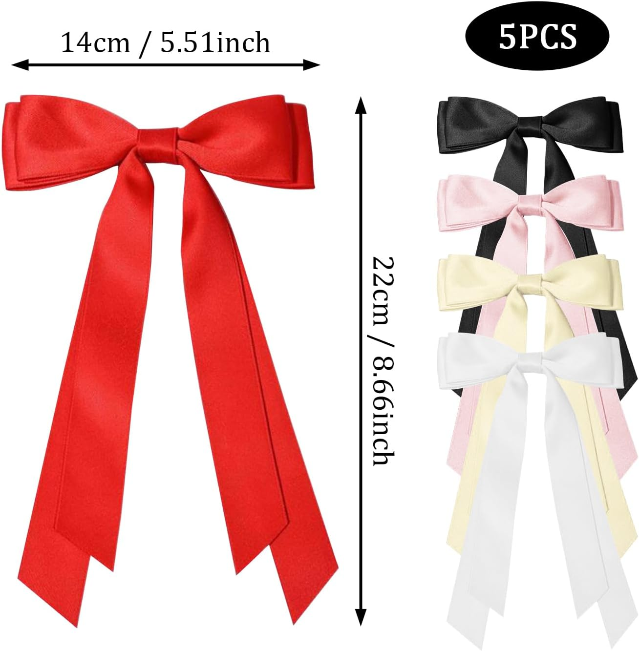 SYEYCW 5 Pcs Hair Bows for Girls Women, Ribbon Bows for Hair, Metal Ponytail Clips, Ribbon Ponytail Holder Accessories, for Daily Wear, Parties and Celebrations, Black, Red, Pink, Beige, White
