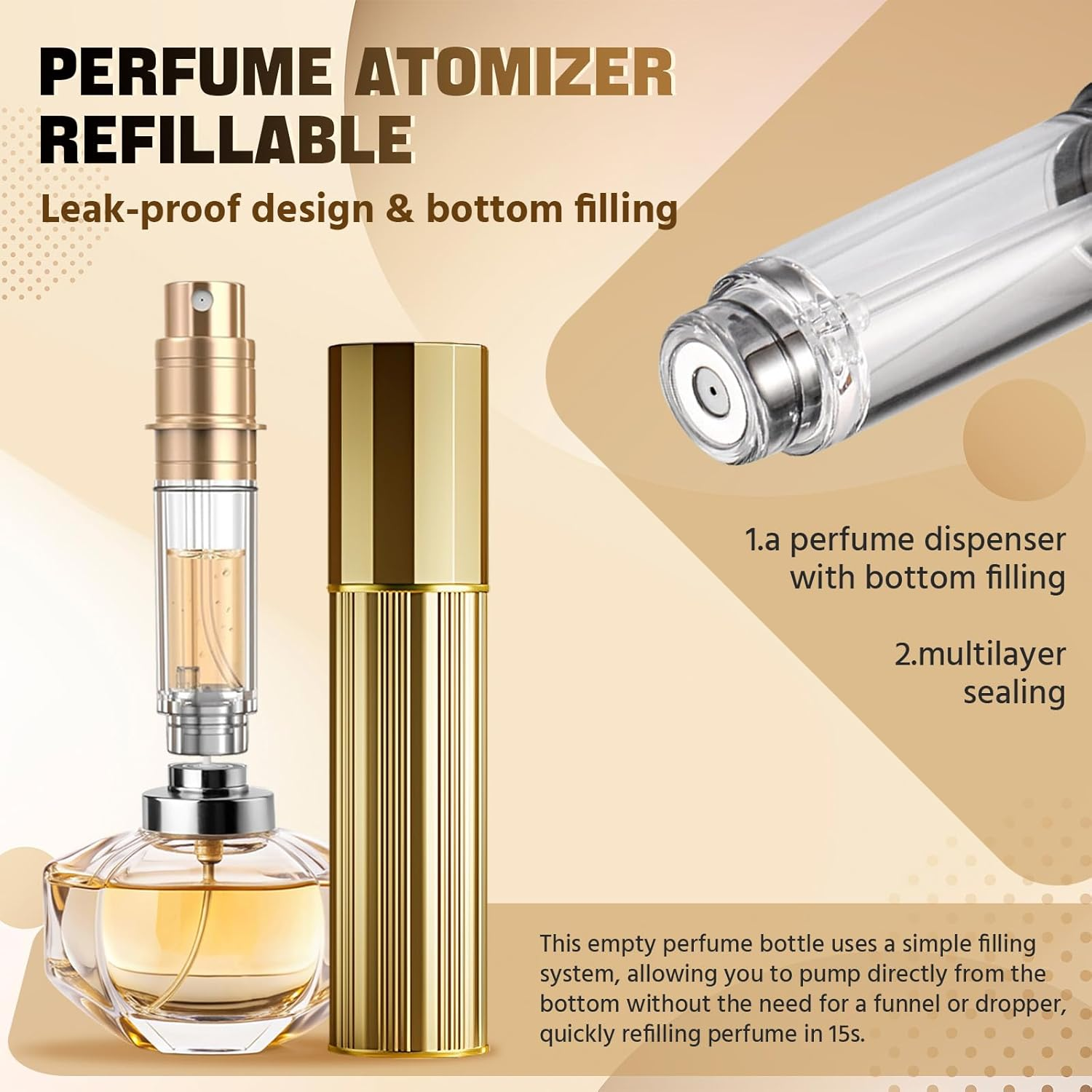 JOOMOKO Perfume Atomiser Refillable, 5 Ml Perfume Bottle, Empty Perfume Atomiser for Travel, Empty Perfume Atomiser Spray Bottle for Travel on the Go (Gold & Gold) image number 3