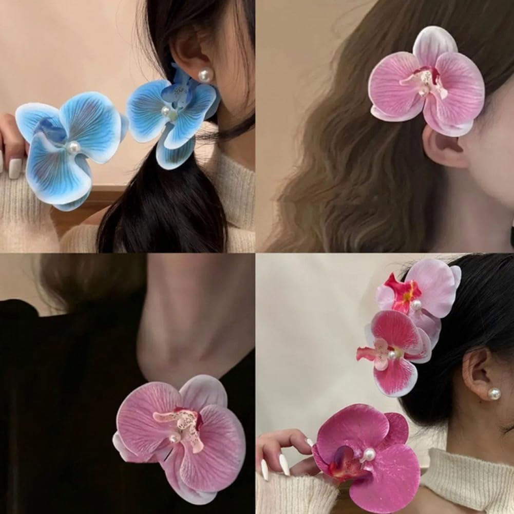 Bohemian Butterfly Orchid Hairpin, 6Pcs Big Chiffon Orchid Flower Hairpins,Tropical Flower Hair Clips, Phalaenopsis Hawaiian Orchid Artificial Large Bohemian Tropical Flower Hair Pins for Girls image number 2