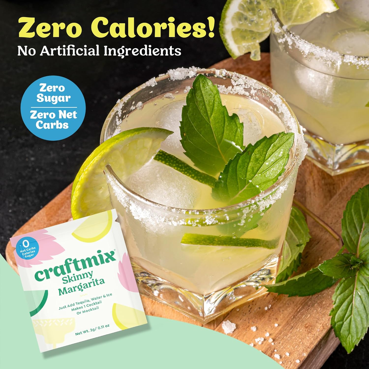 Craftmix Skinny Margarita Cocktail Mixers - Makes 12 Drinks - Zero Sugar, Zero Net Carbs, Zero Calories Mocktail Drink Mixers - Real Fruit - Vegan, Non-Gmo, Dairy Free, Gluten Free