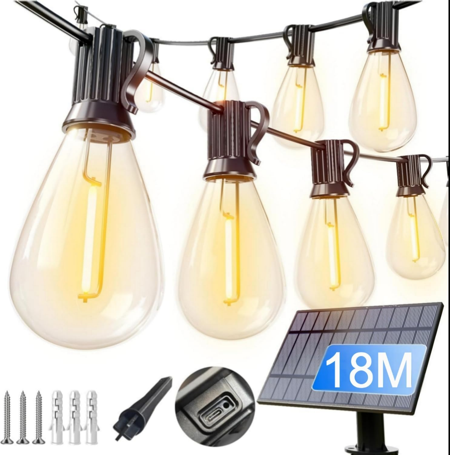 Solar String Lights, 30M Outdoor Waterproof with 50+1 LED Bulbs Long Last for 20+Hrs, Commercial Grade Shatterproof USB Patio Solar Powered Lights for Camping, Backyard, Garden, Porch Decor (30M)