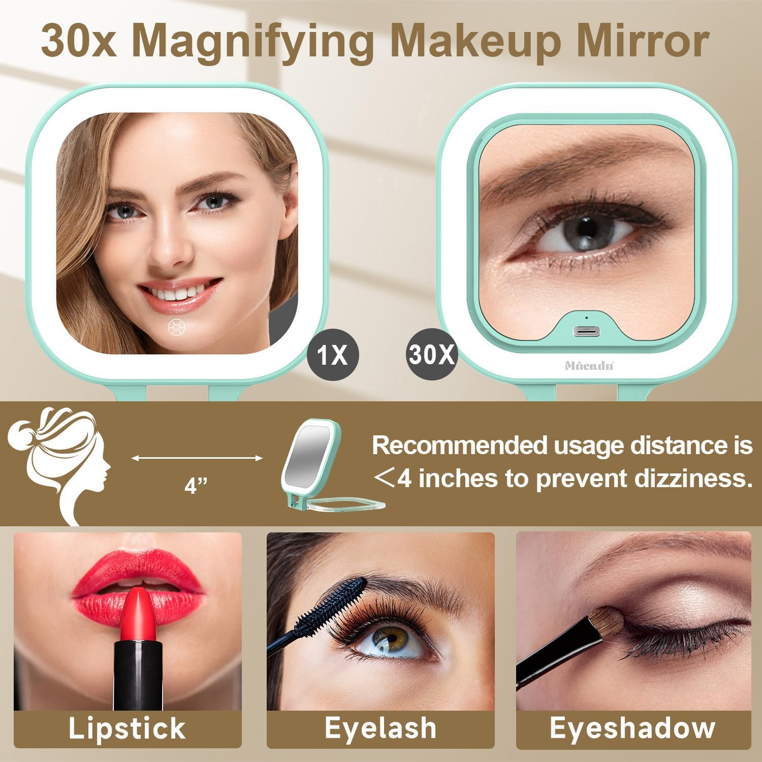 Mocado Compact Travel Makeup Mirror, 1X/30X Magnifying Mirror with Light, Double Sides Compact Mirror with 3 Color Light, Dimmable Handheld Mirror, Rechargeable Travel for Purse,Pocket(Green) image number 4